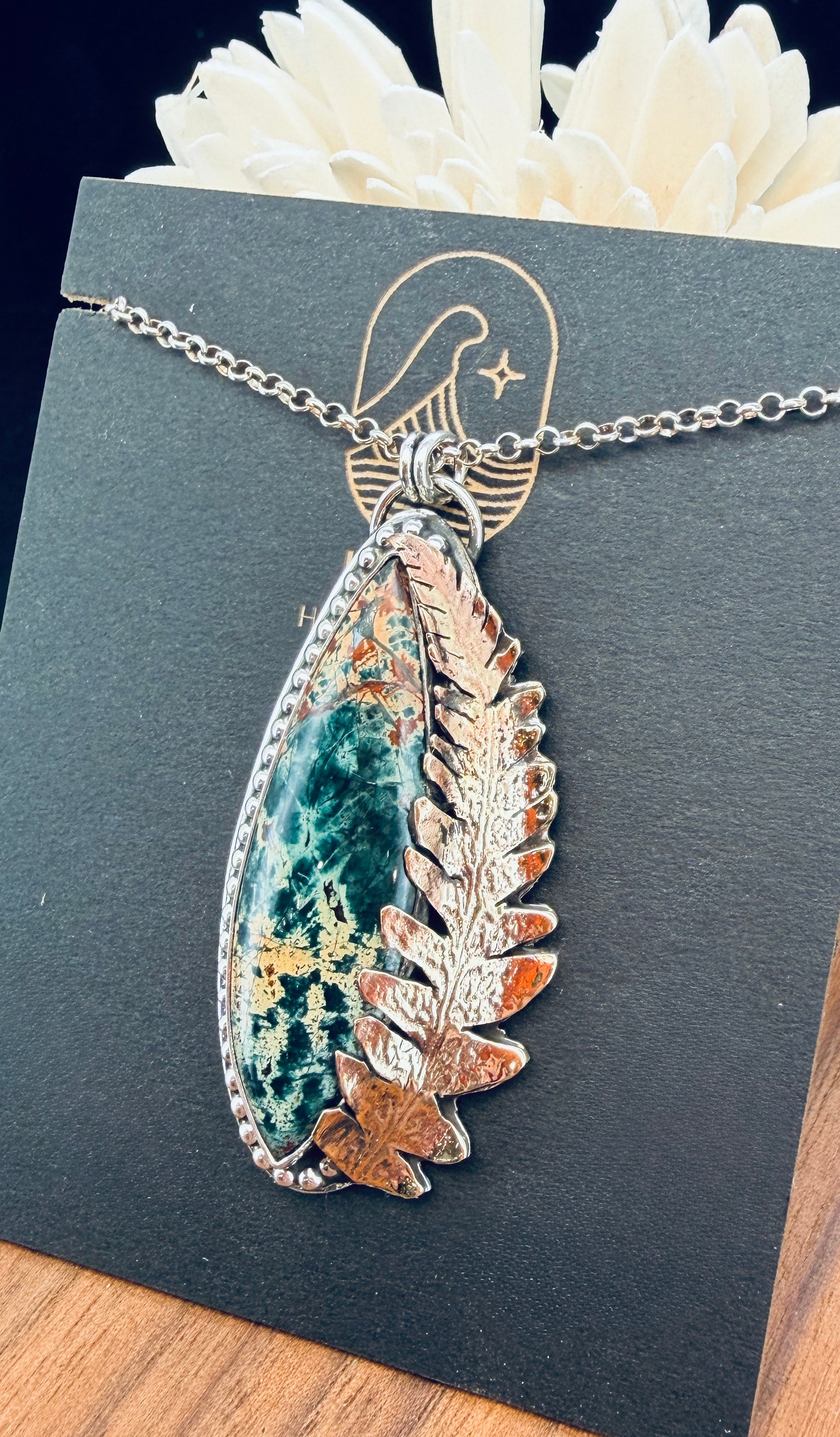 Sterling Silver Morning Dew Jasper with Brass Fern Leaf – Kukio