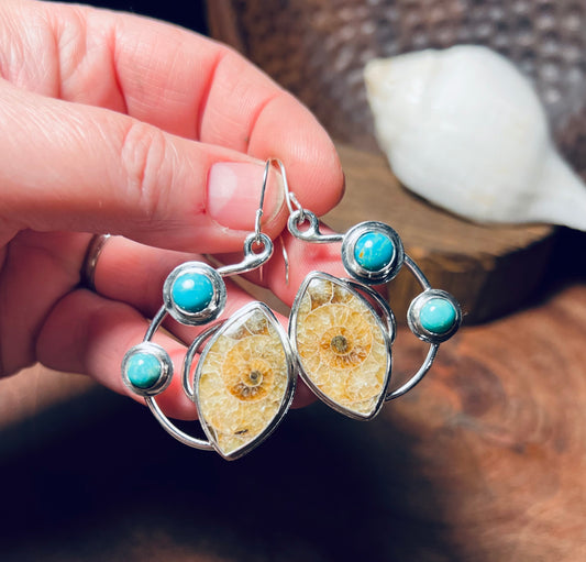 Golden Ammonite and Turquoise Sterling Silver Earrings