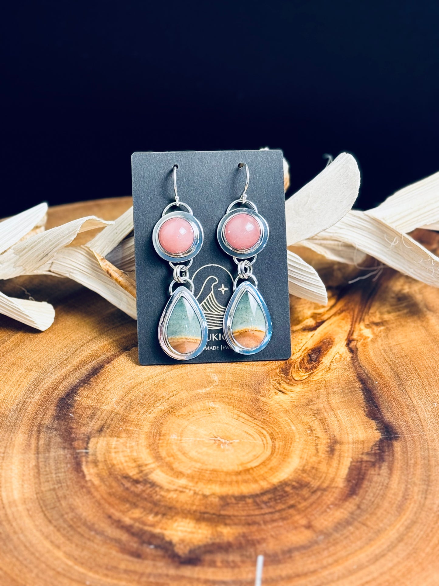 Polychrome Jasper and Guava Quartz Sterling Silver Earrings