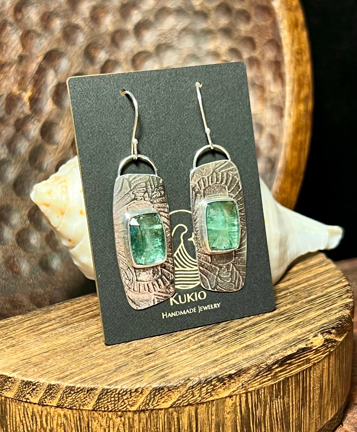 Minty Green Kyanite Sterling Silver Patterned Earrings