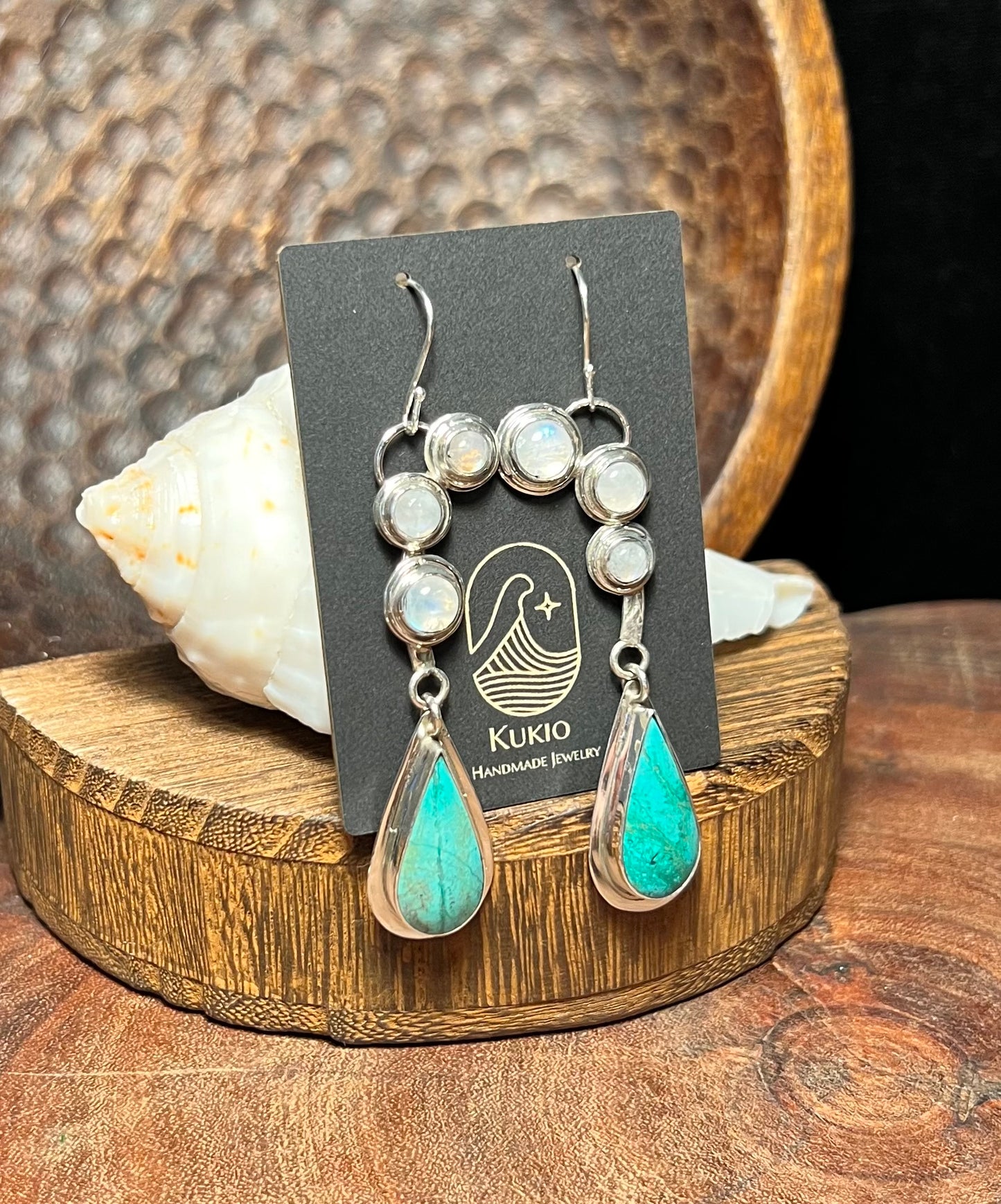 Chrysocolla in Quartz with Rainbow Moonstones Sterling Silver Earrings