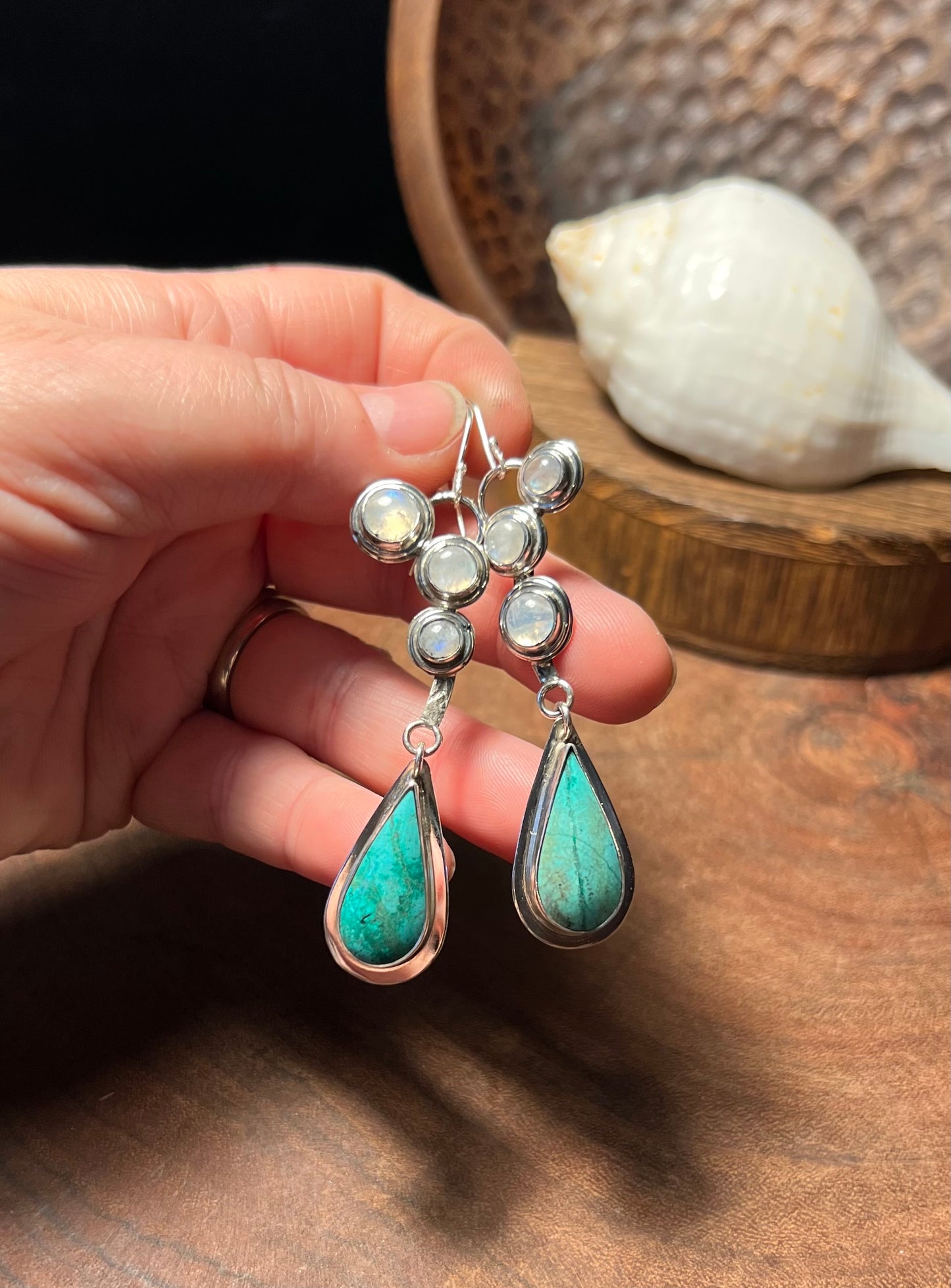 Chrysocolla in Quartz with Rainbow Moonstones Sterling Silver Earrings