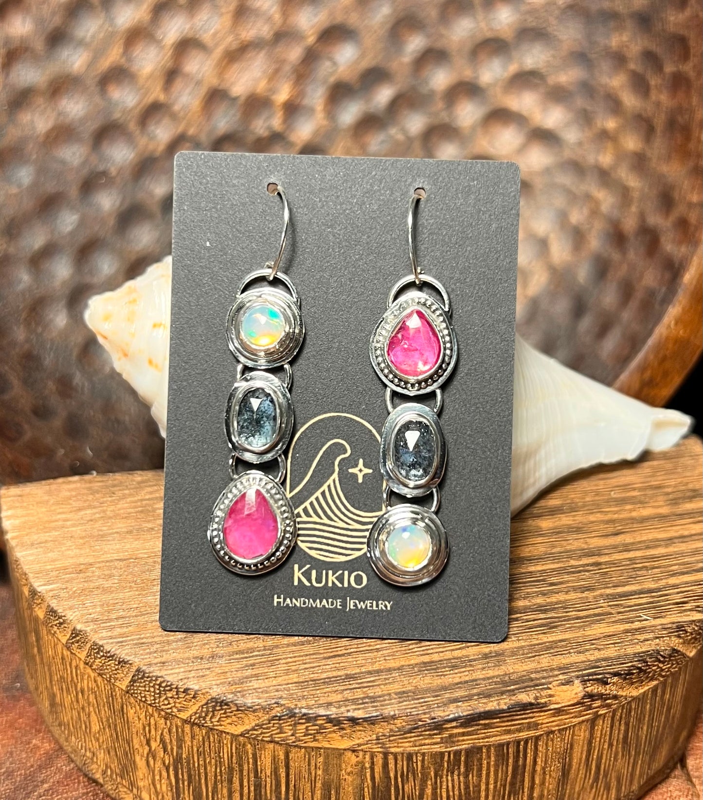 (reserved for Marge) Pink Sapphire, Teal Moss Kyanite and Opal Earrings