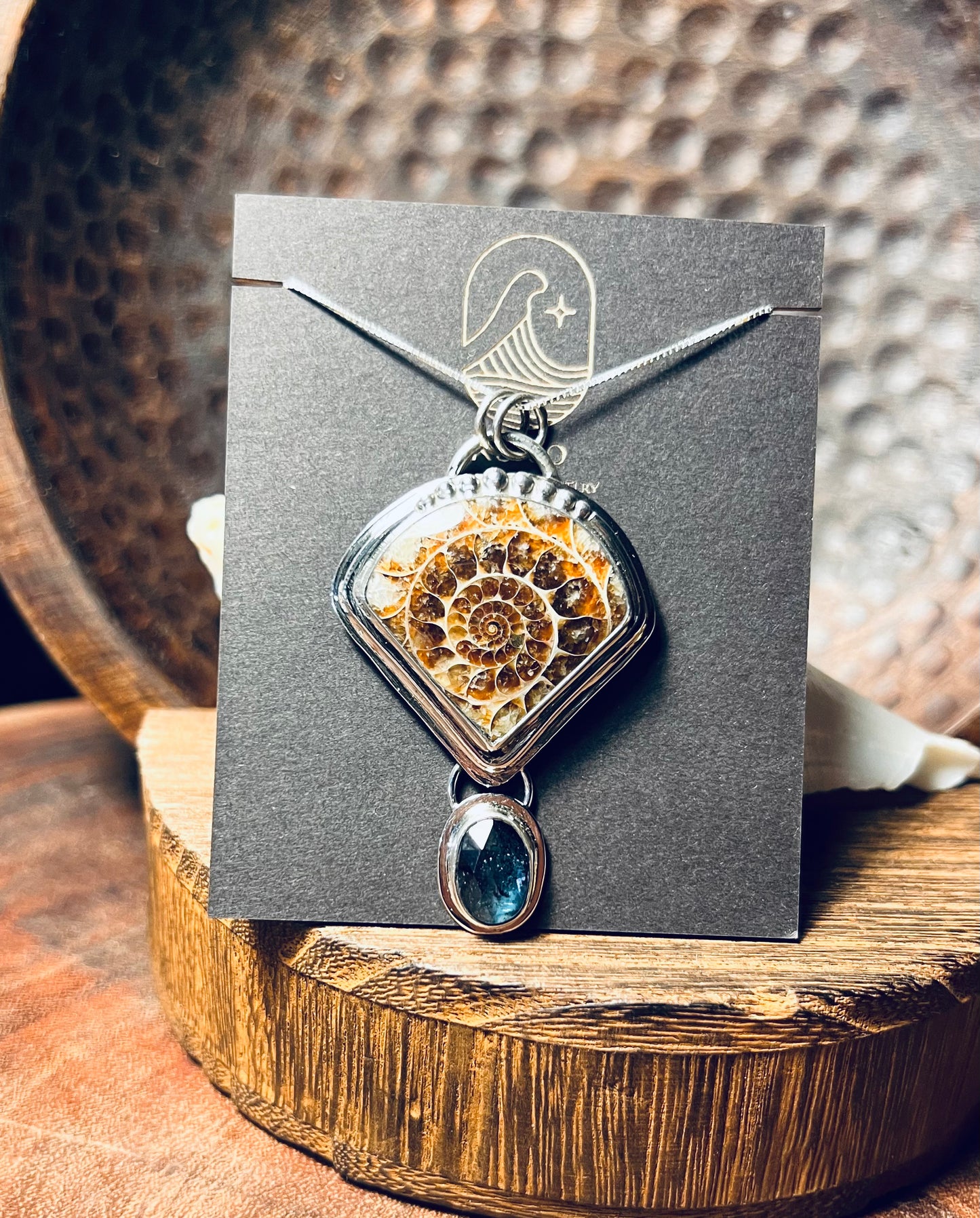 Ammonite and Teal Moss Kyanite Sterling Silver Pendant