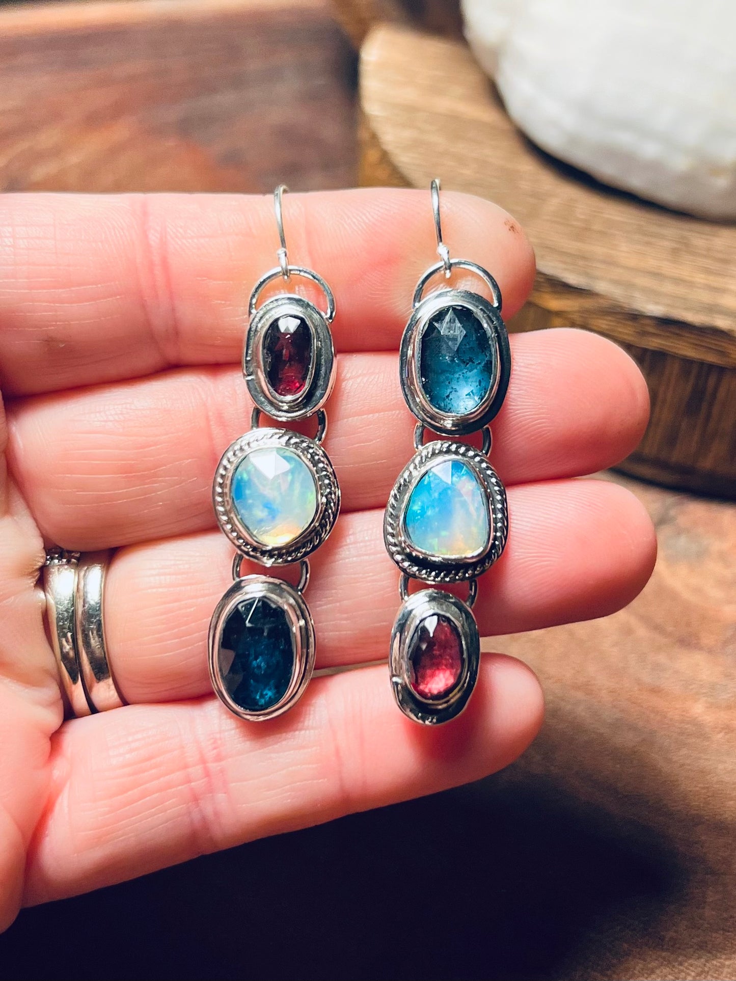 Opal, Kyanite and Rhodolite Sterling Silver Earrings