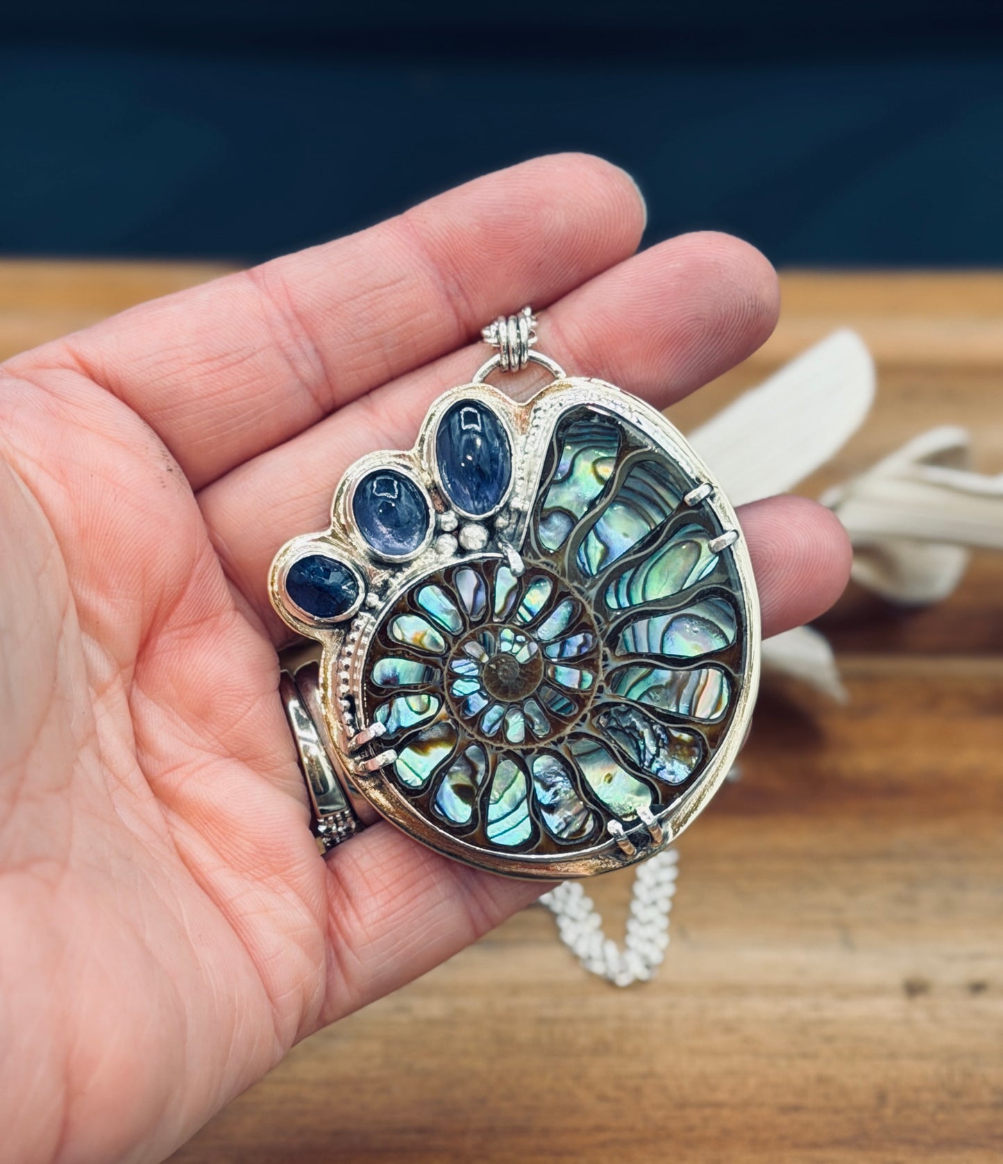 Ammonite with Abalone Inlay Pendant – Jewelers Grade Brass, Sterling Silver, and Fine Silver