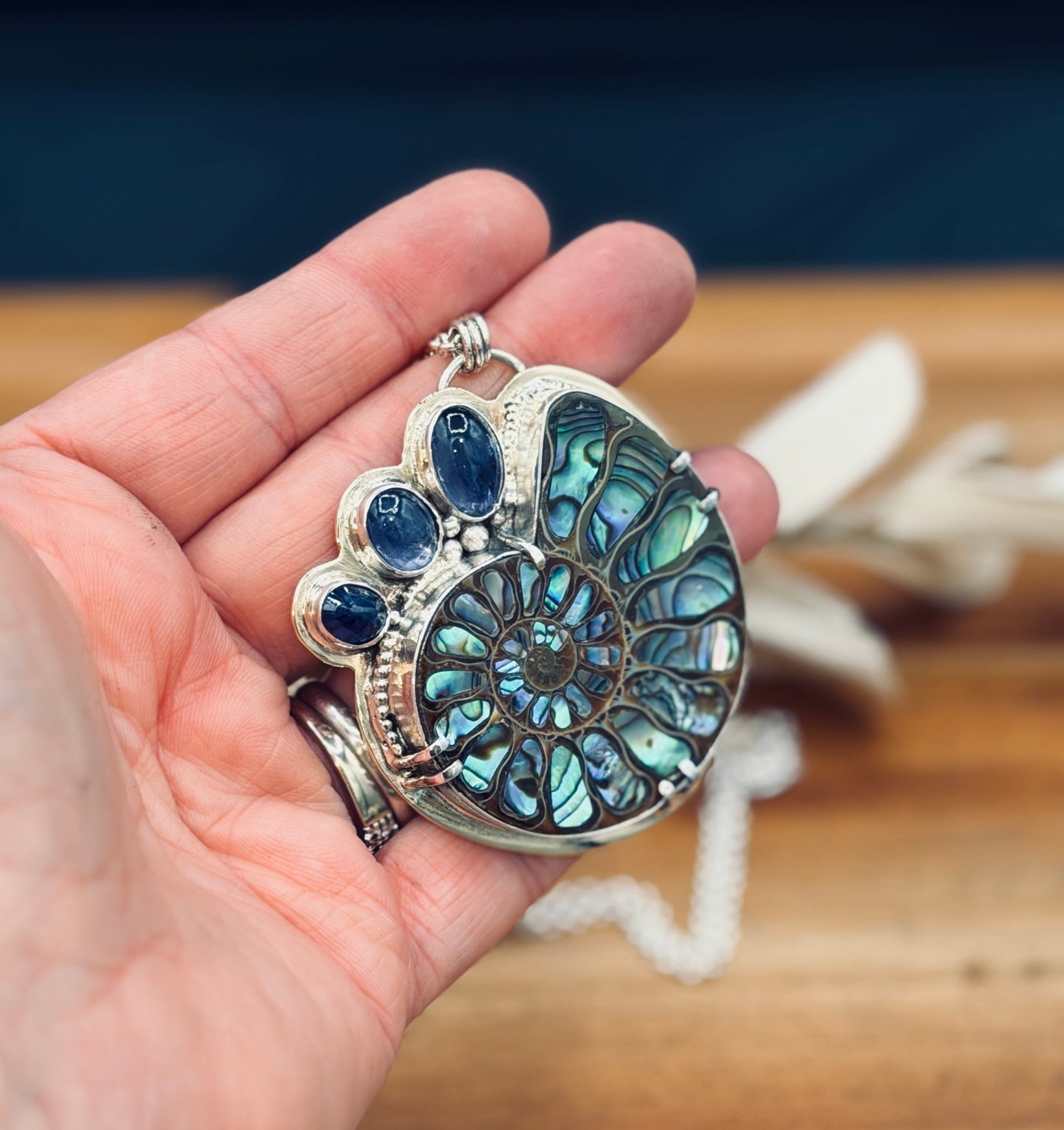 Ammonite with Abalone Inlay Pendant – Jewelers Grade Brass, Sterling Silver, and Fine Silver