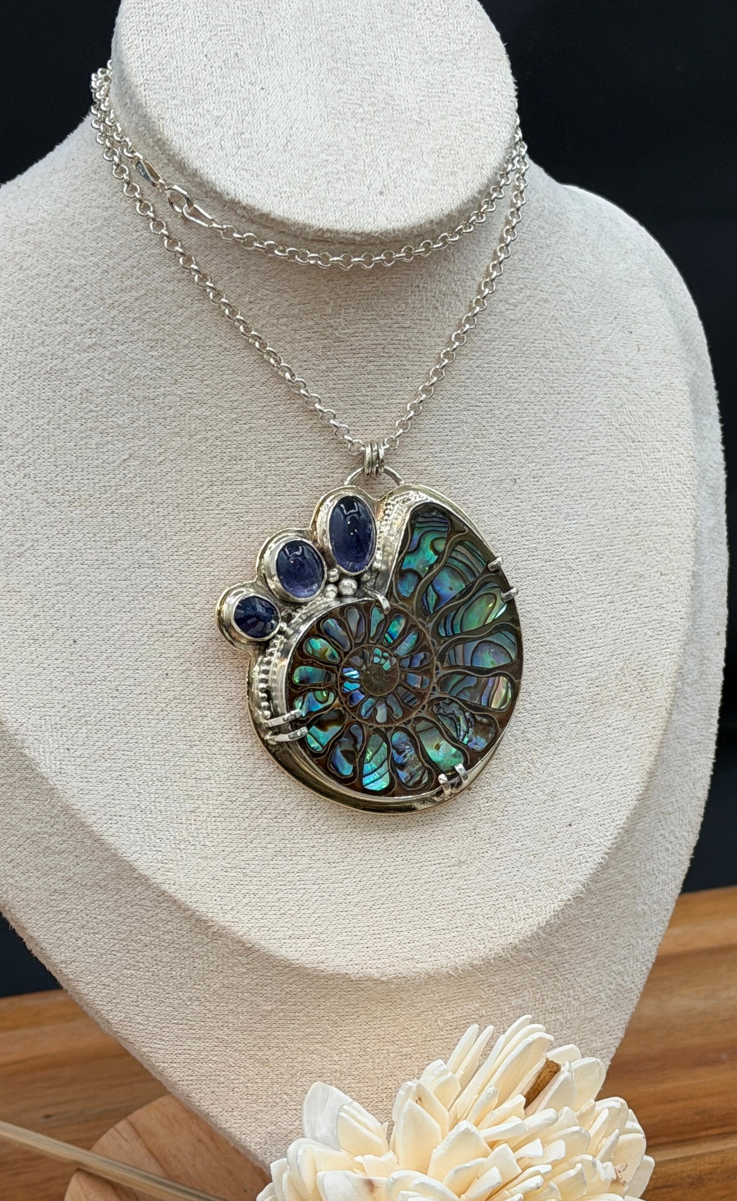 Ammonite with Abalone Inlay Pendant – Jewelers Grade Brass, Sterling Silver, and Fine Silver