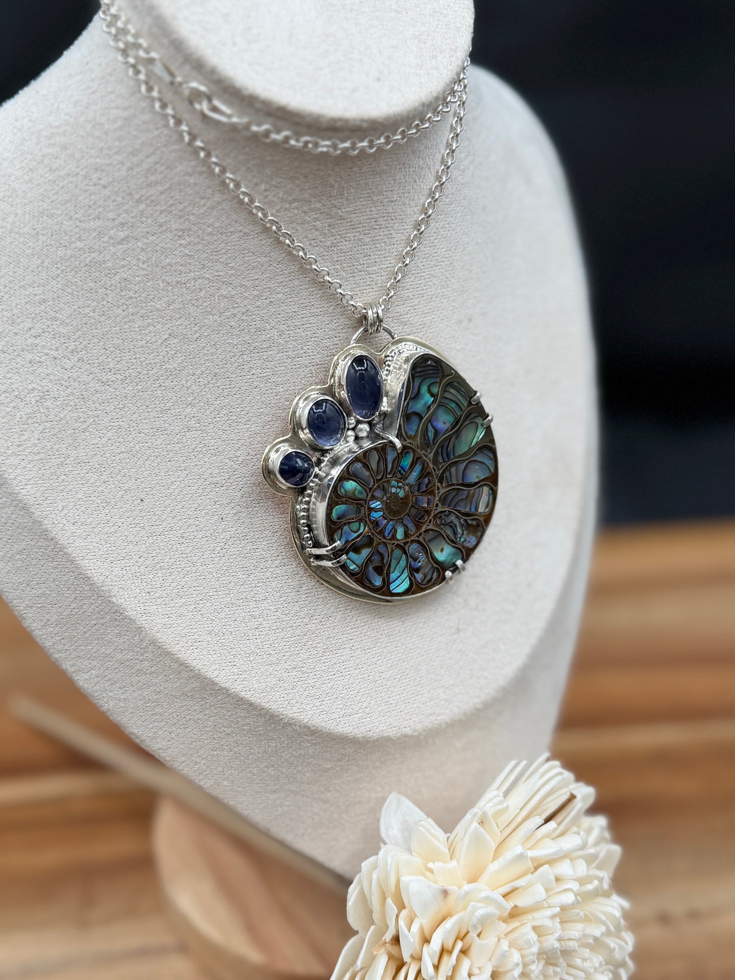 Ammonite with Abalone Inlay Pendant – Jewelers Grade Brass, Sterling Silver, and Fine Silver
