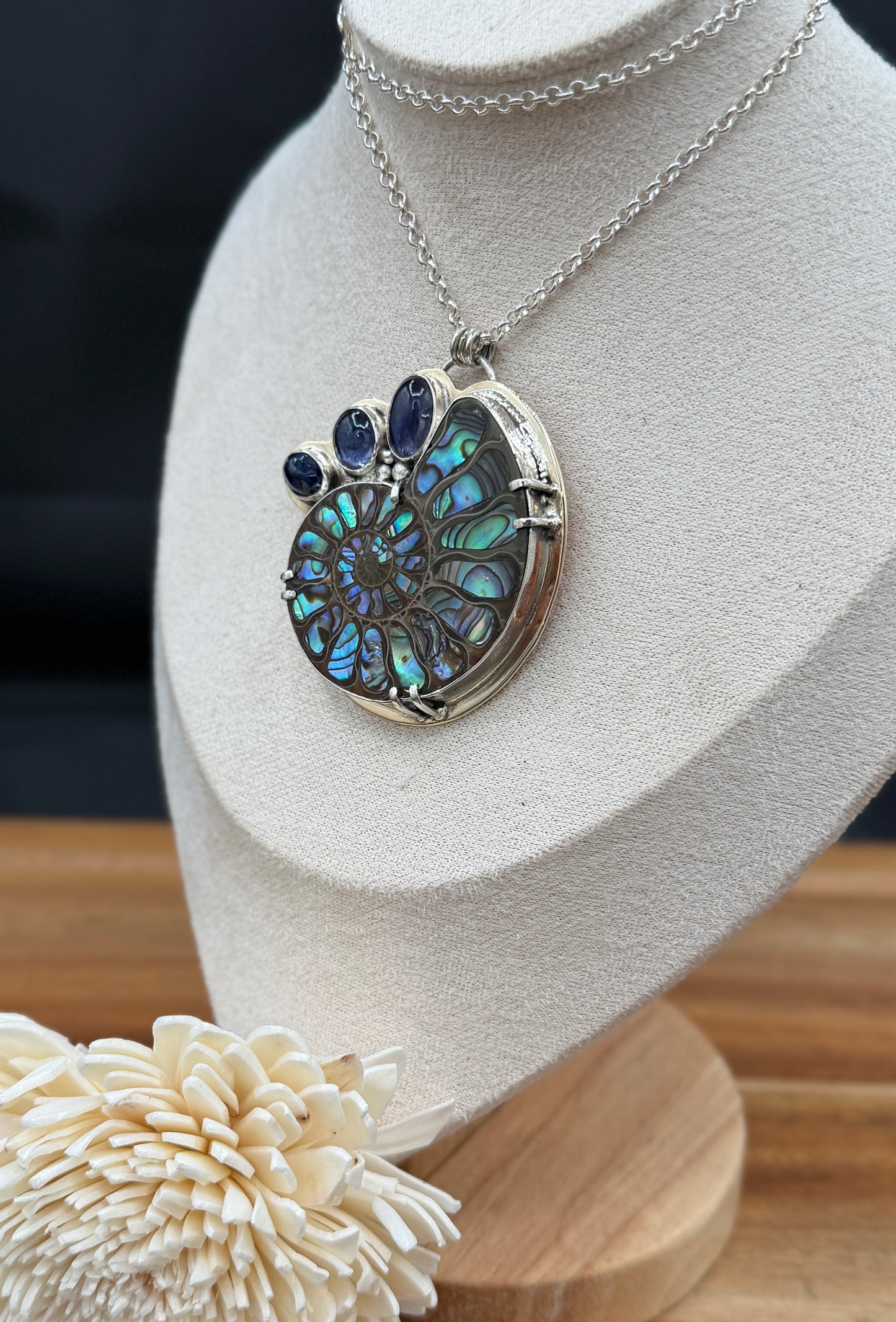 Ammonite with Abalone Inlay Pendant – Jewelers Grade Brass, Sterling Silver, and Fine Silver