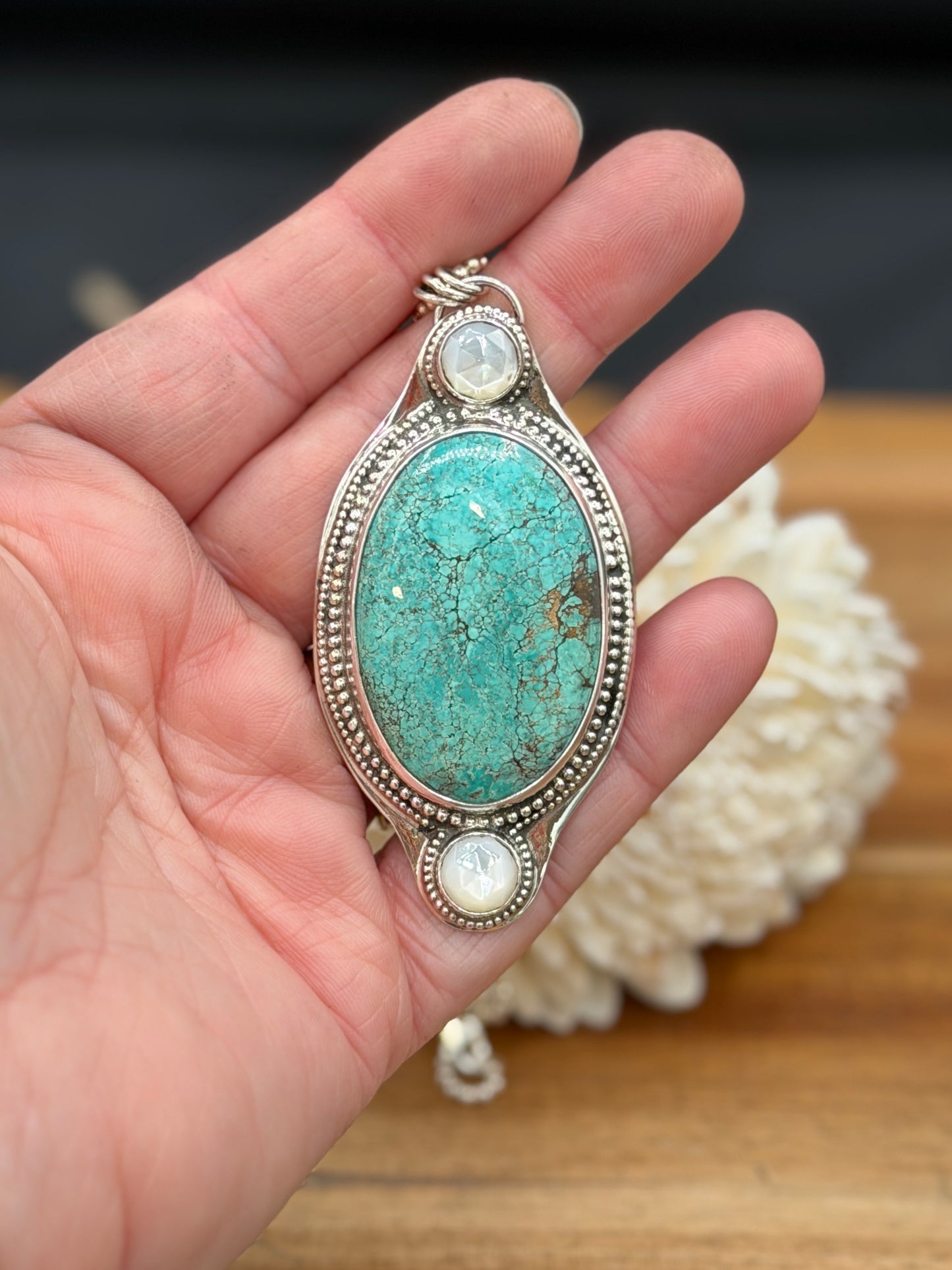 Sterling Silver Hubei Turquoise and MOP Pendant