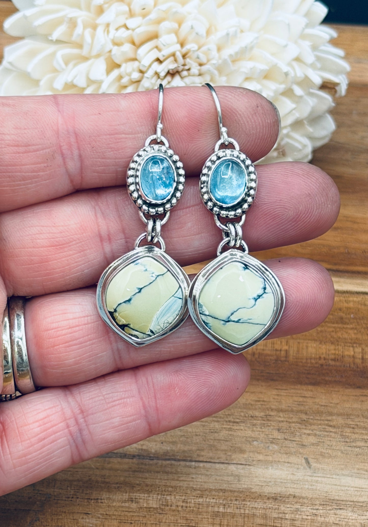 Sterling Silver White River Hotsonite and Aquamarine Earrings