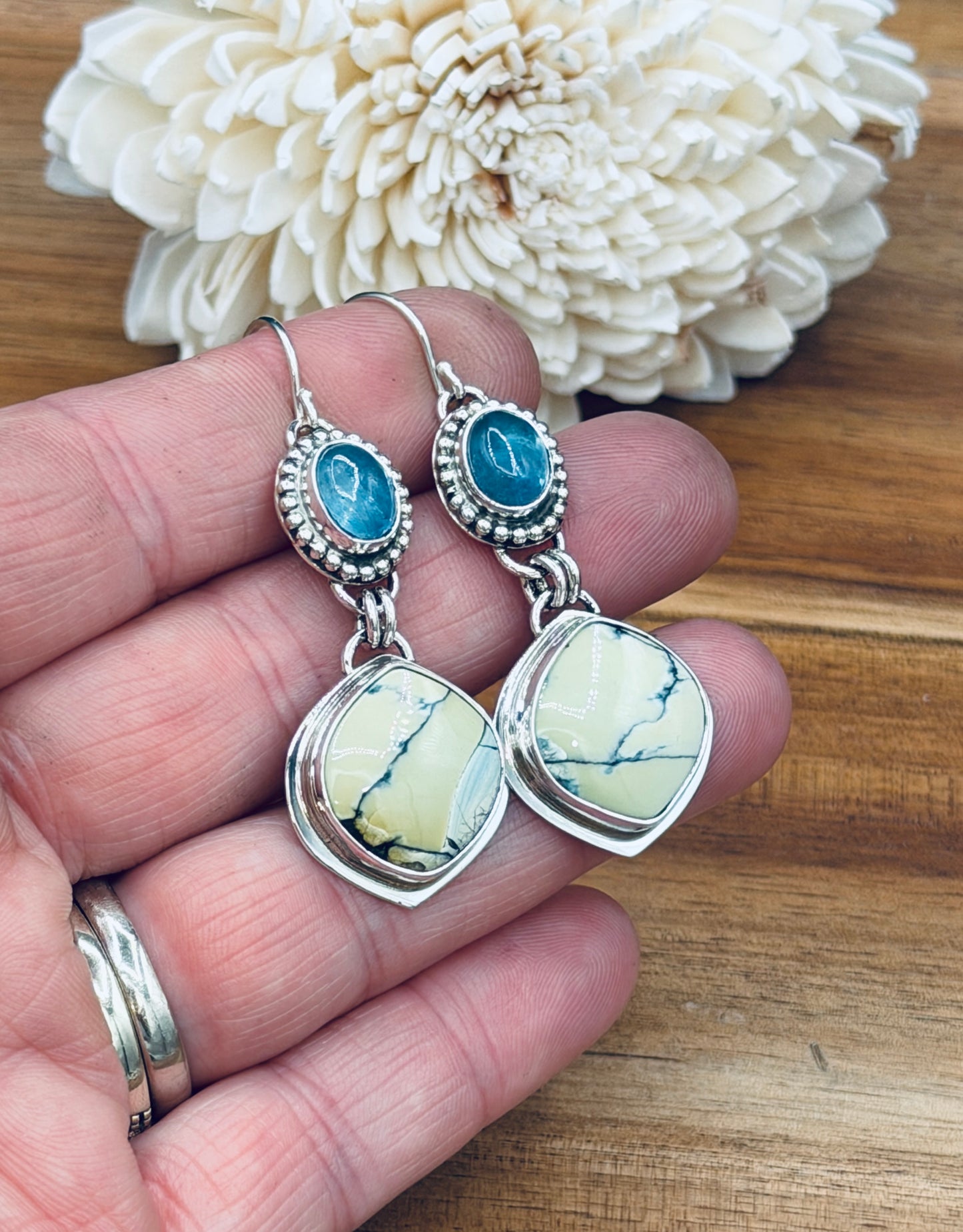 Sterling Silver White River Hotsonite and Aquamarine Earrings