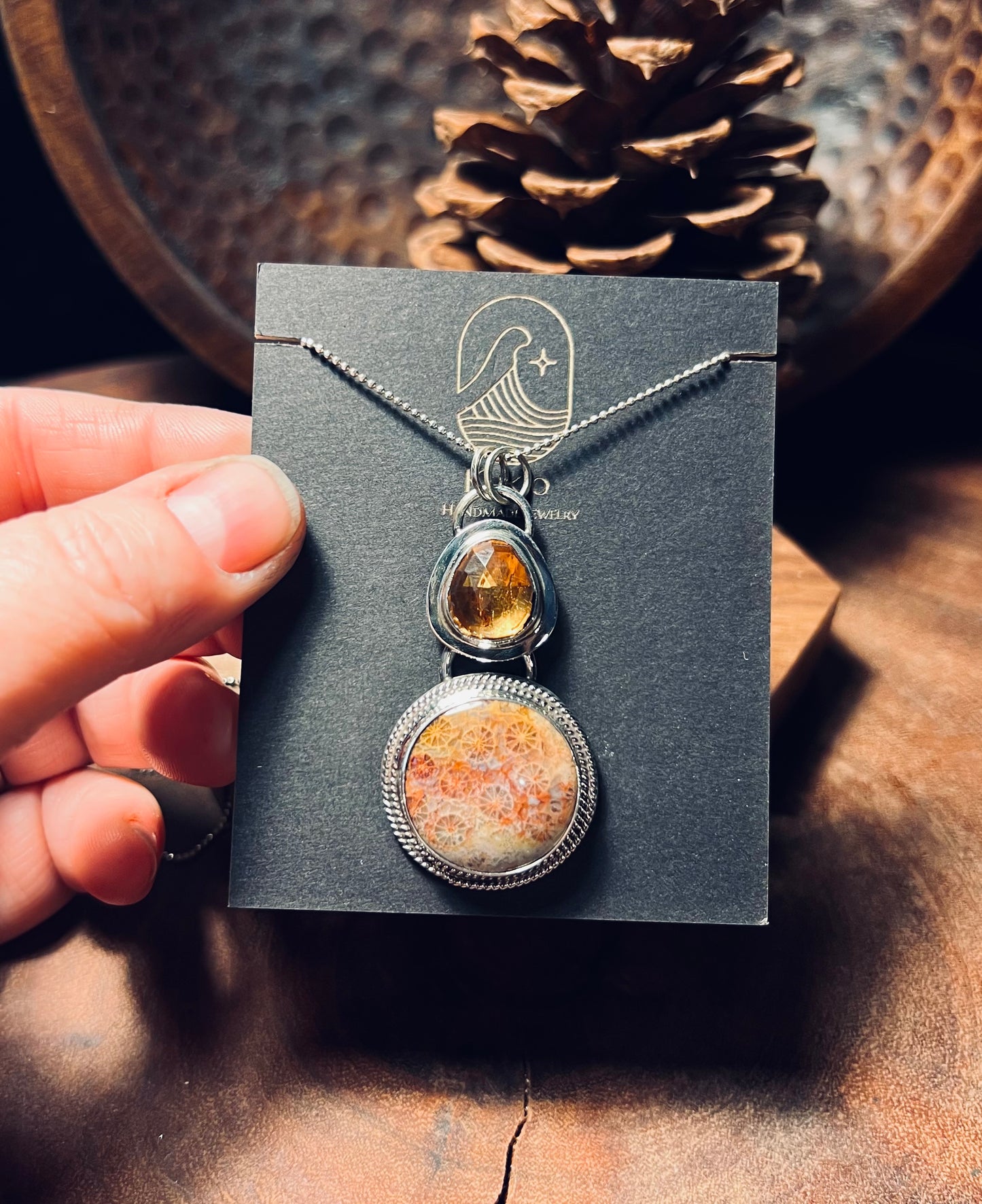 Fossilized Coral and Citrine Sterling Silver Pendant