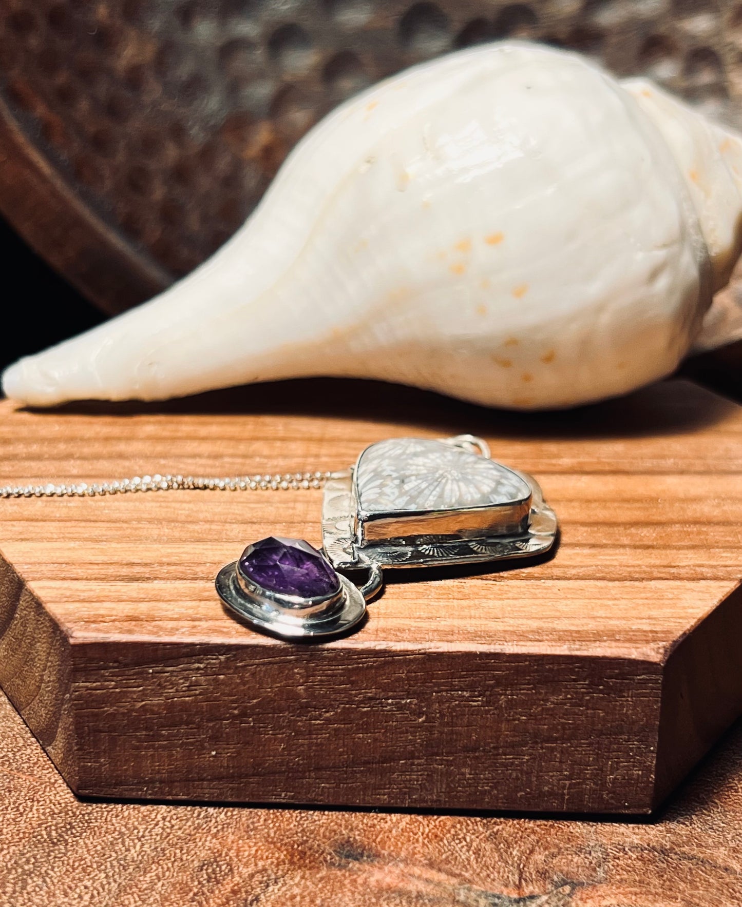 Gray Fossilized Coral and Amethyst Sterling Silver Pendant