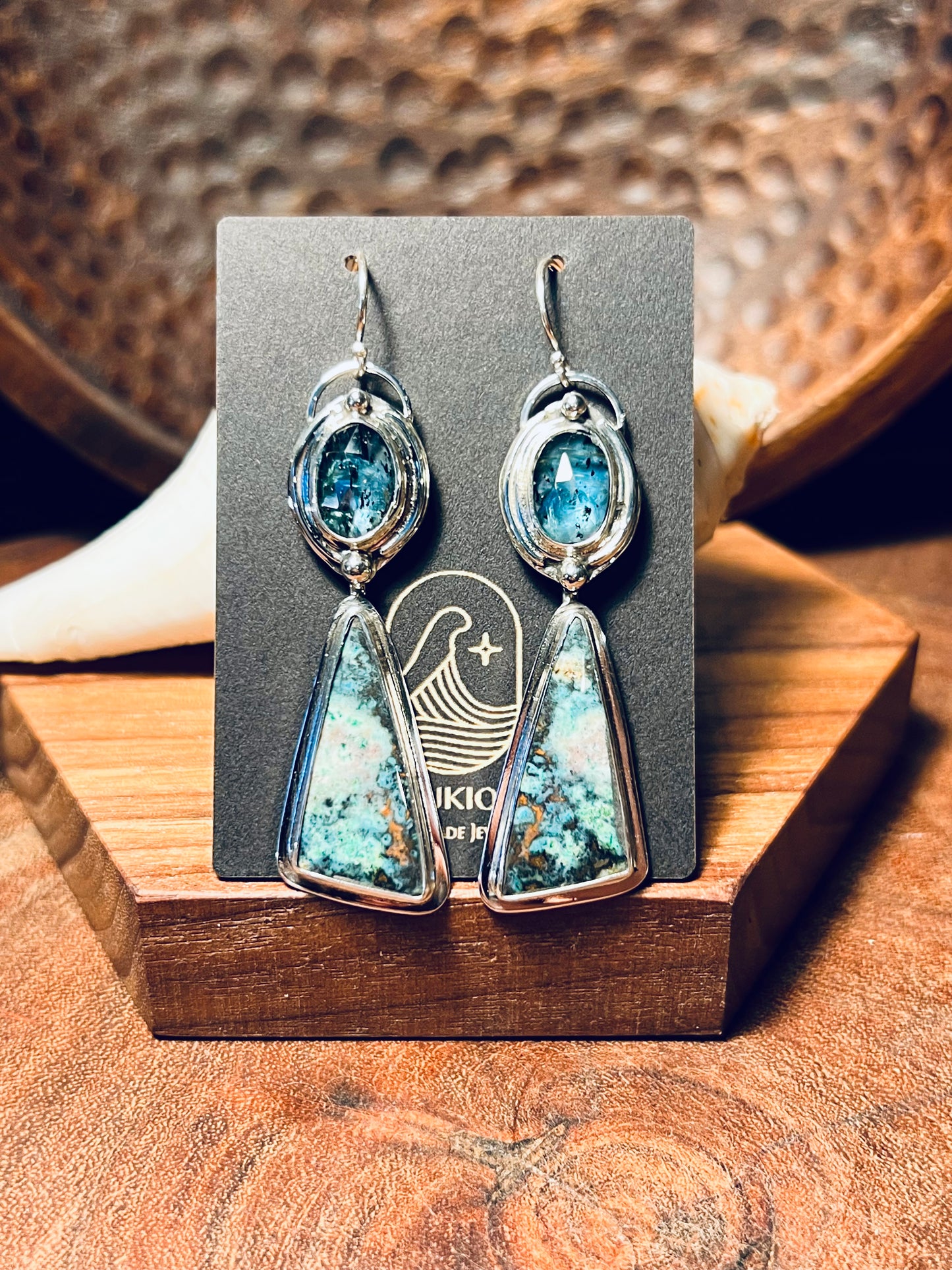 Opalized Wood and Teal Moss Kyanite Sterling Silver Earrings