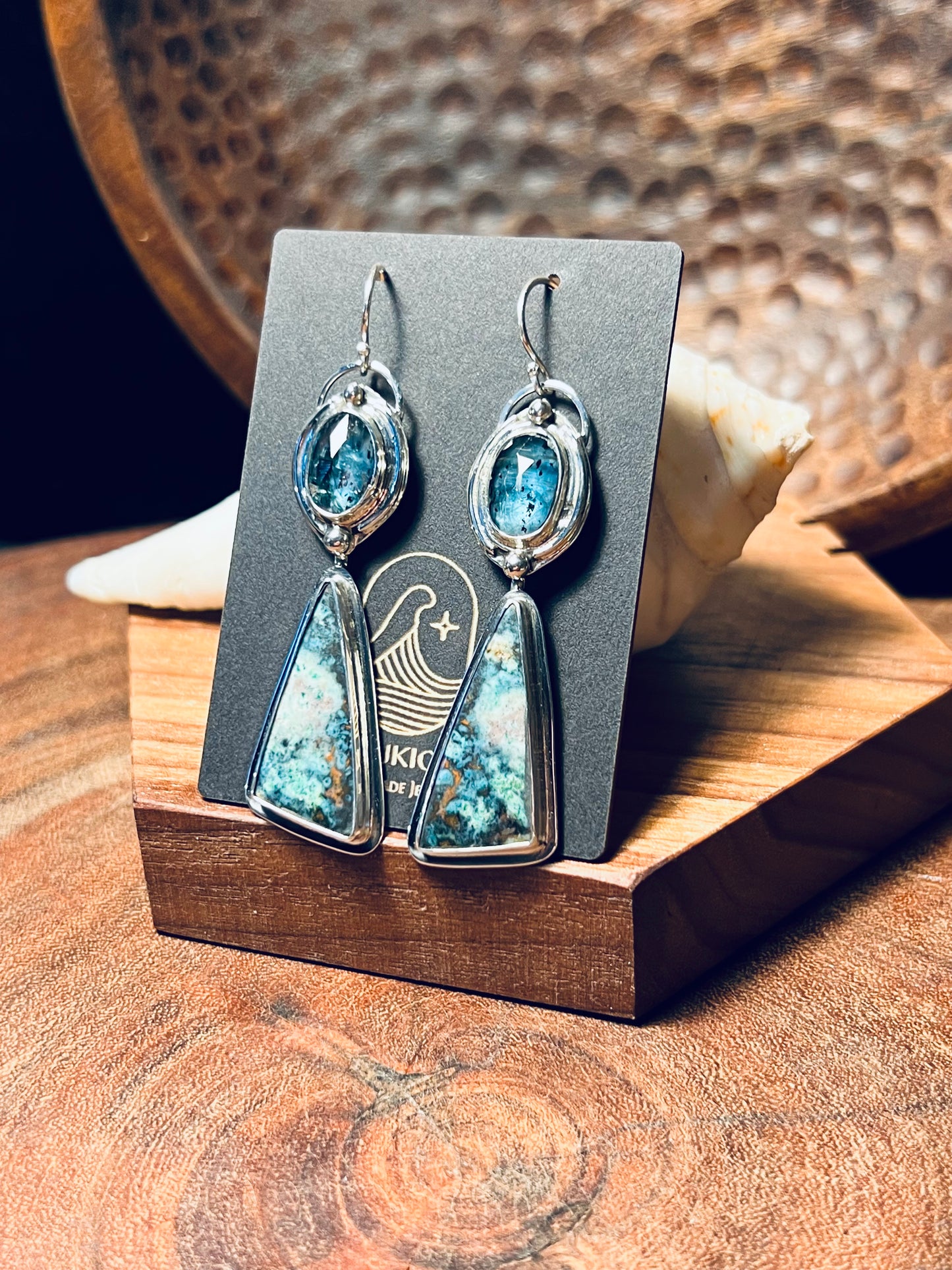 Opalized Wood and Teal Moss Kyanite Sterling Silver Earrings