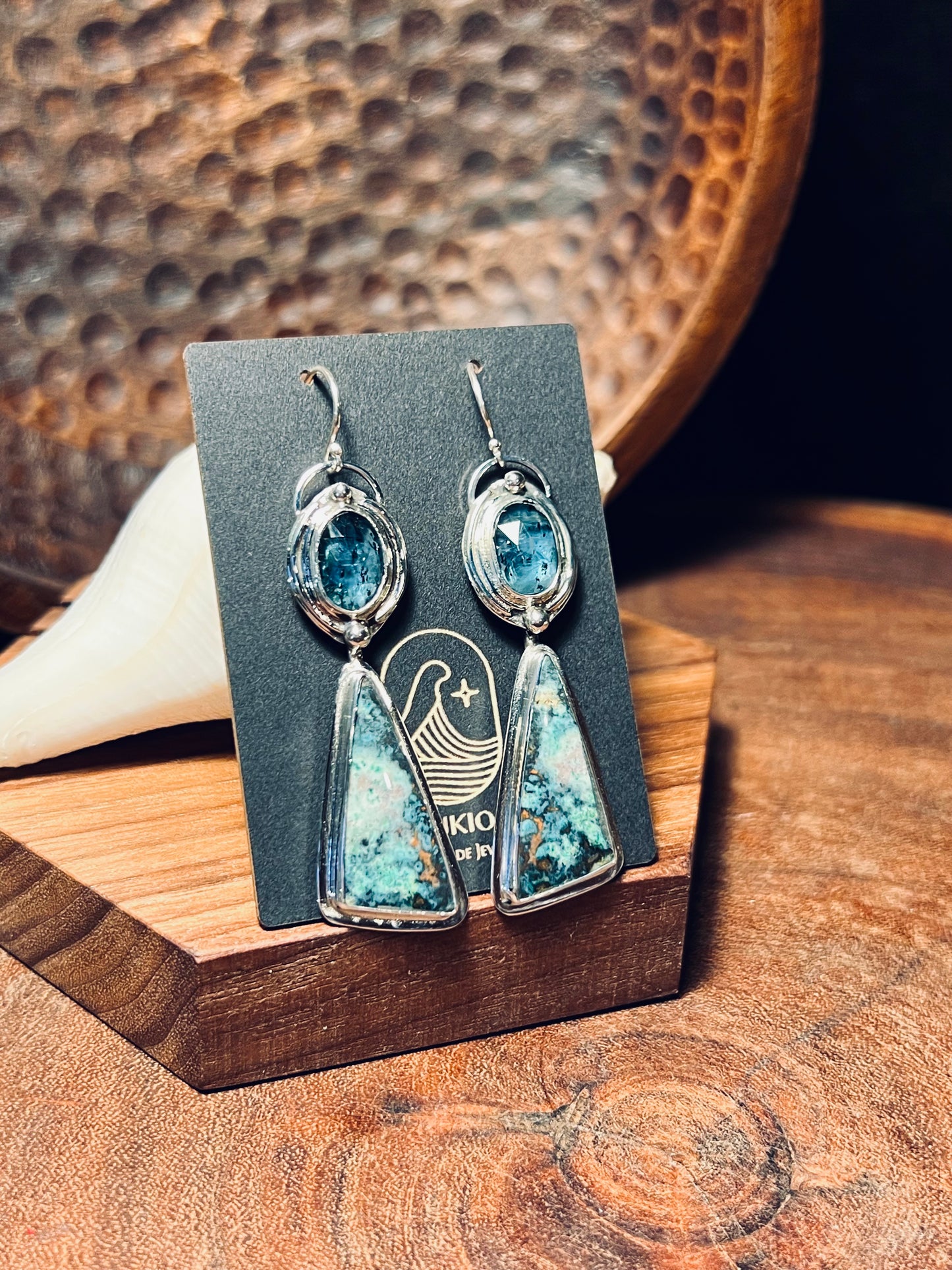 Opalized Wood and Teal Moss Kyanite Sterling Silver Earrings