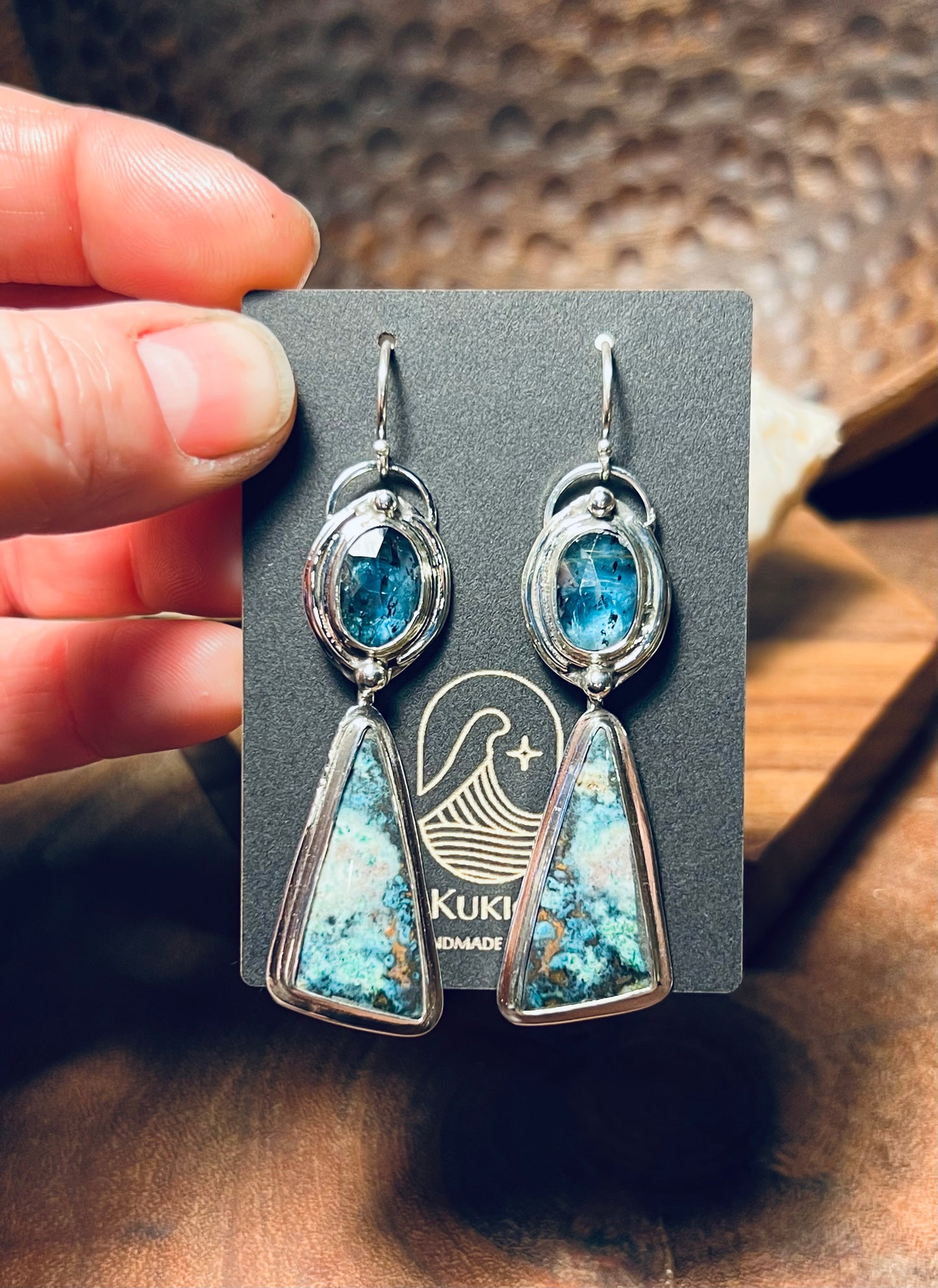 Opalized Wood and Teal Moss Kyanite Sterling Silver Earrings