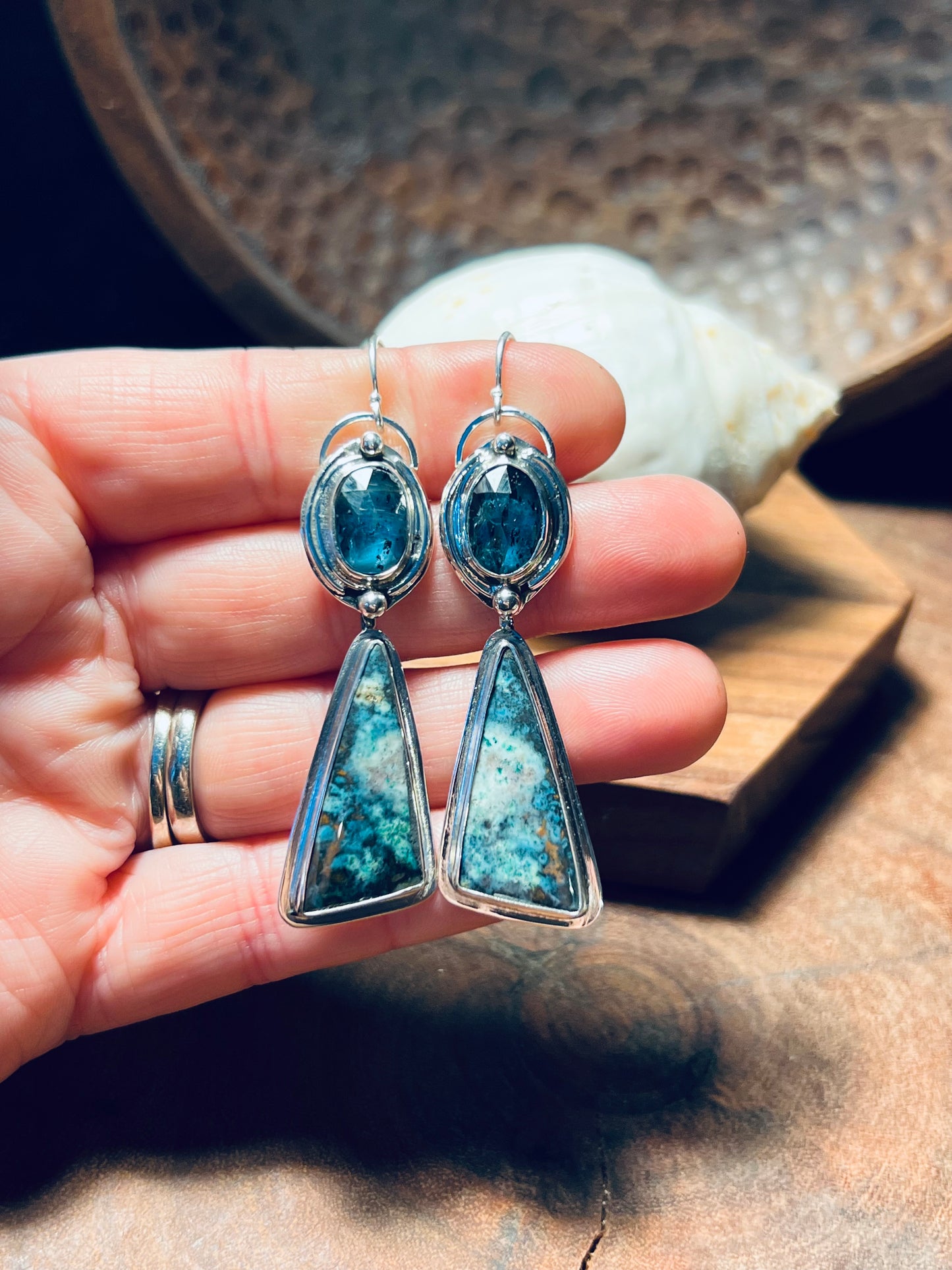 Opalized Wood and Teal Moss Kyanite Sterling Silver Earrings