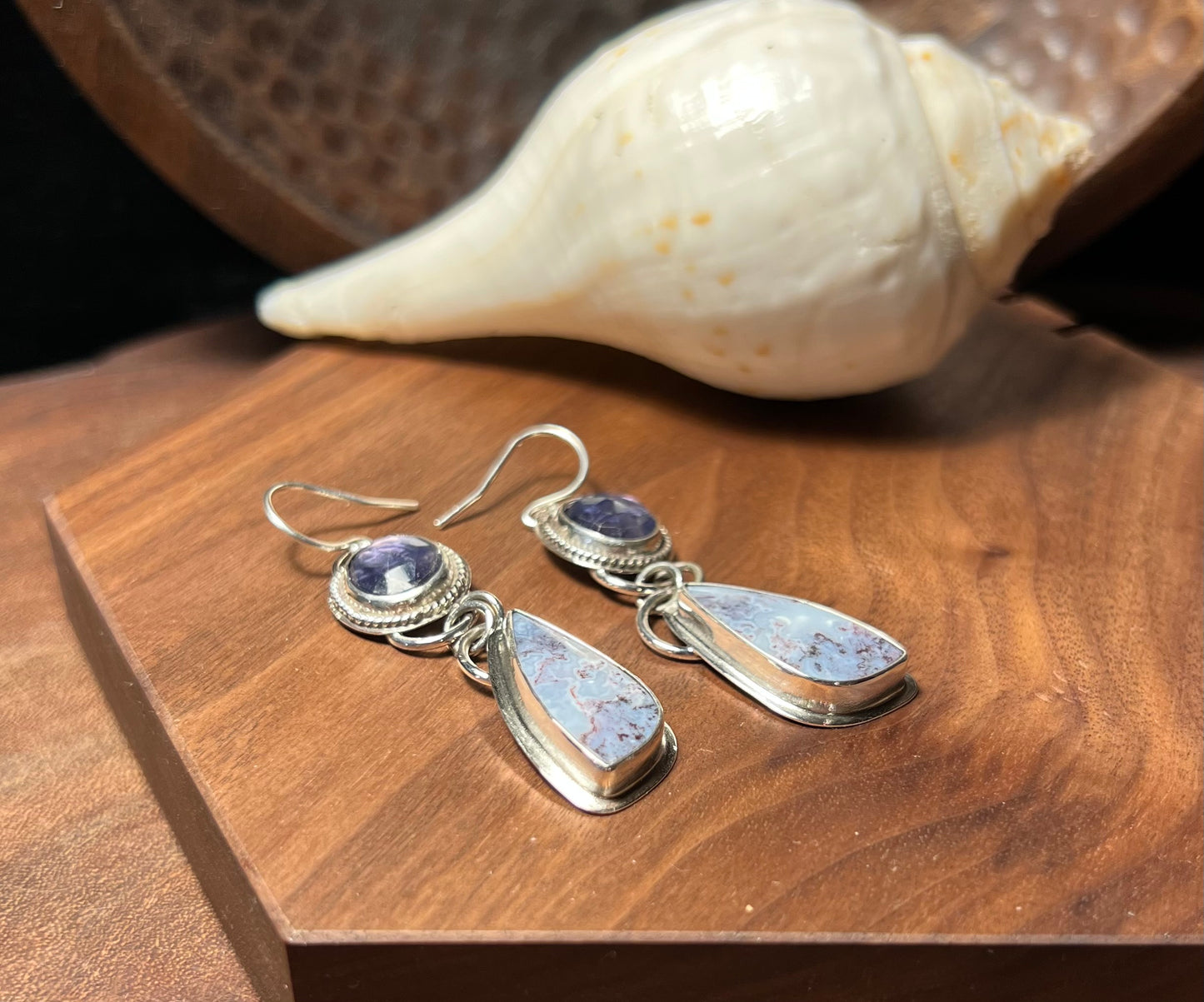 Opalized Wood and Iolite Sterling Silver Earrings