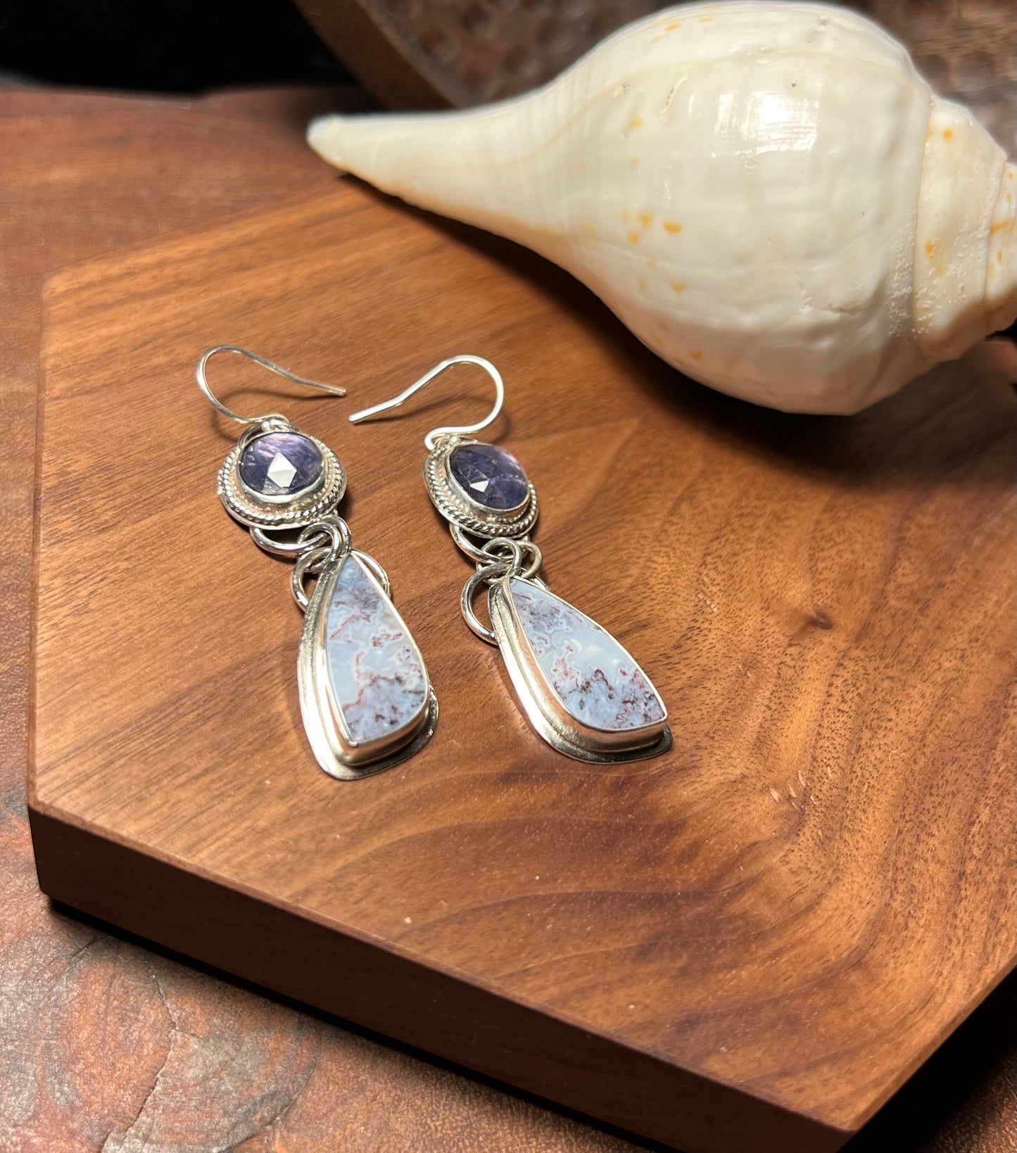 Opalized Wood and Iolite Sterling Silver Earrings