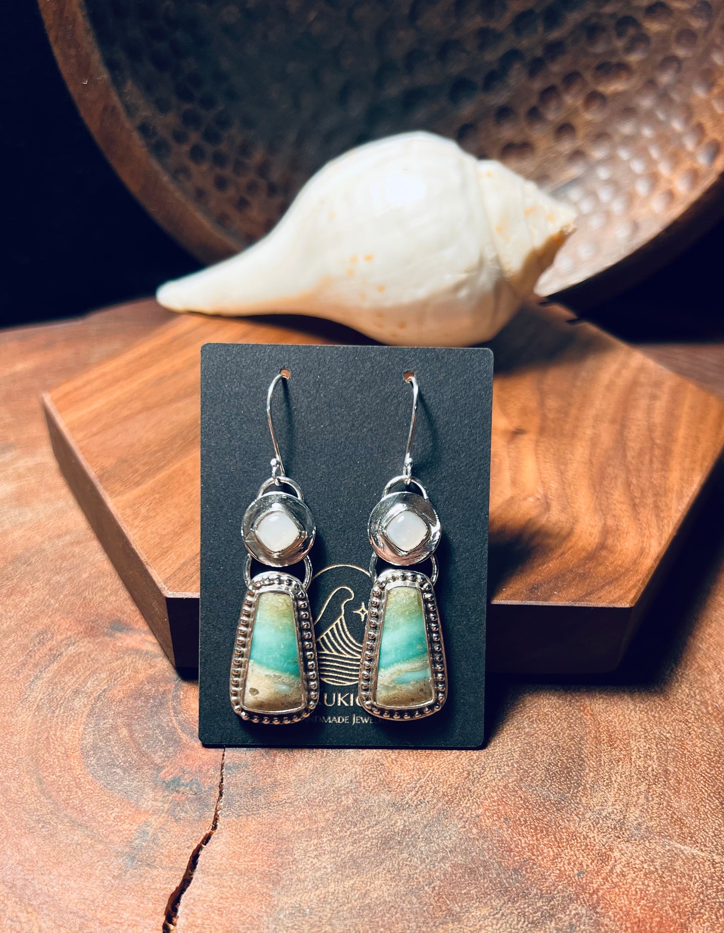 Opalized Wood and White Moonstone Sterling Silver Earrings