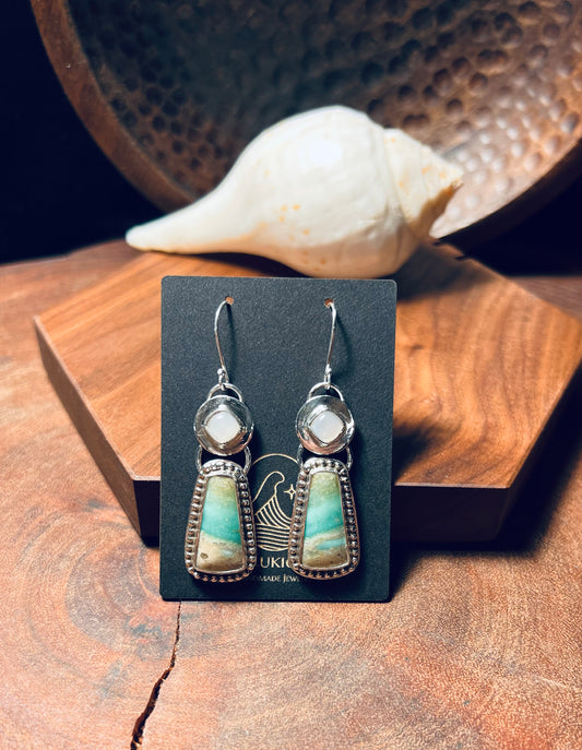 Opalized Wood and White Moonstone Sterling Silver Earrings