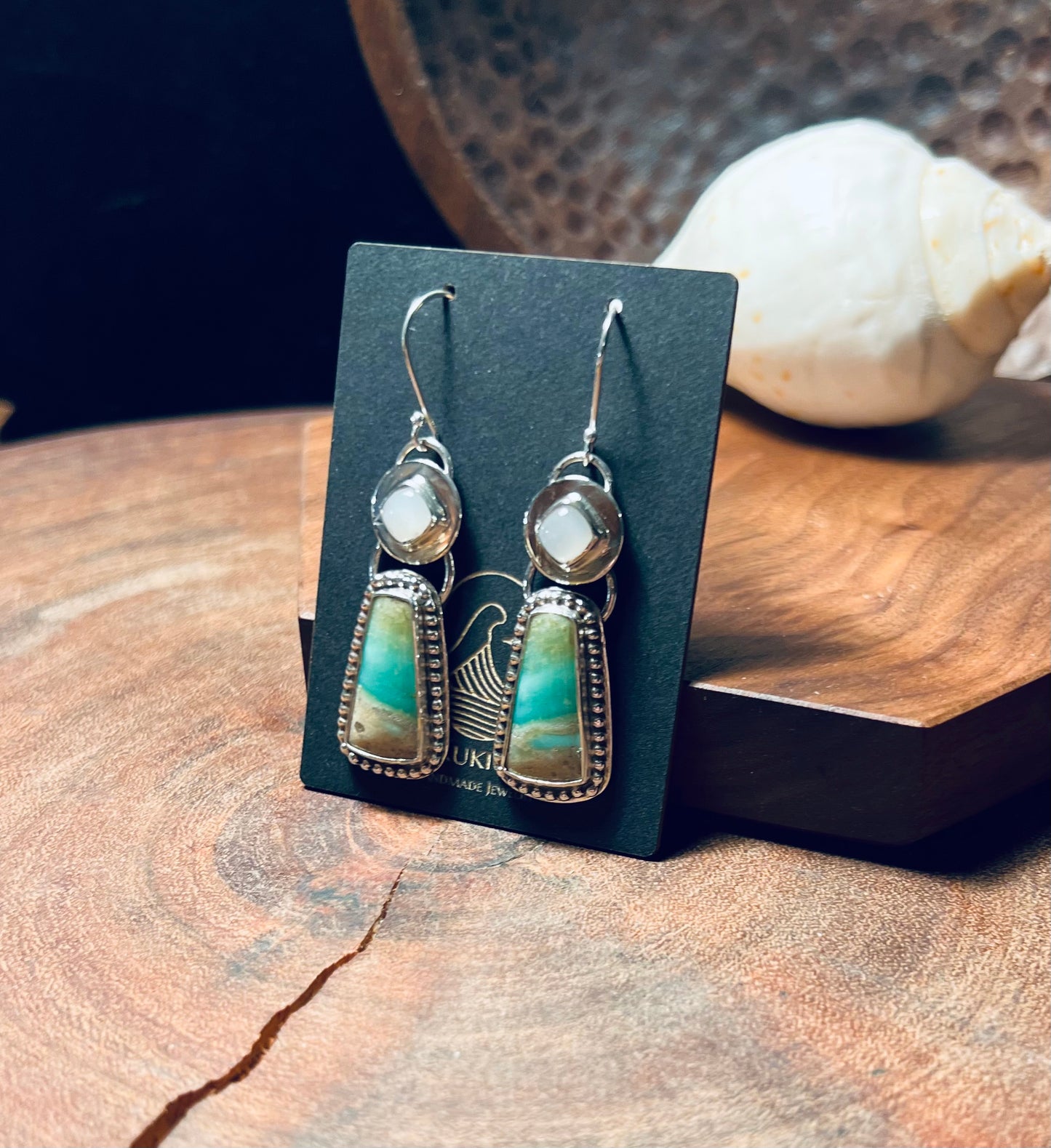 Opalized Wood and White Moonstone Sterling Silver Earrings