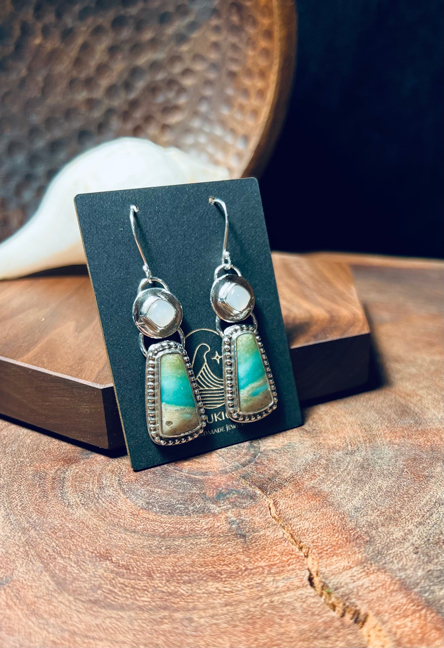 Opalized Wood and White Moonstone Sterling Silver Earrings