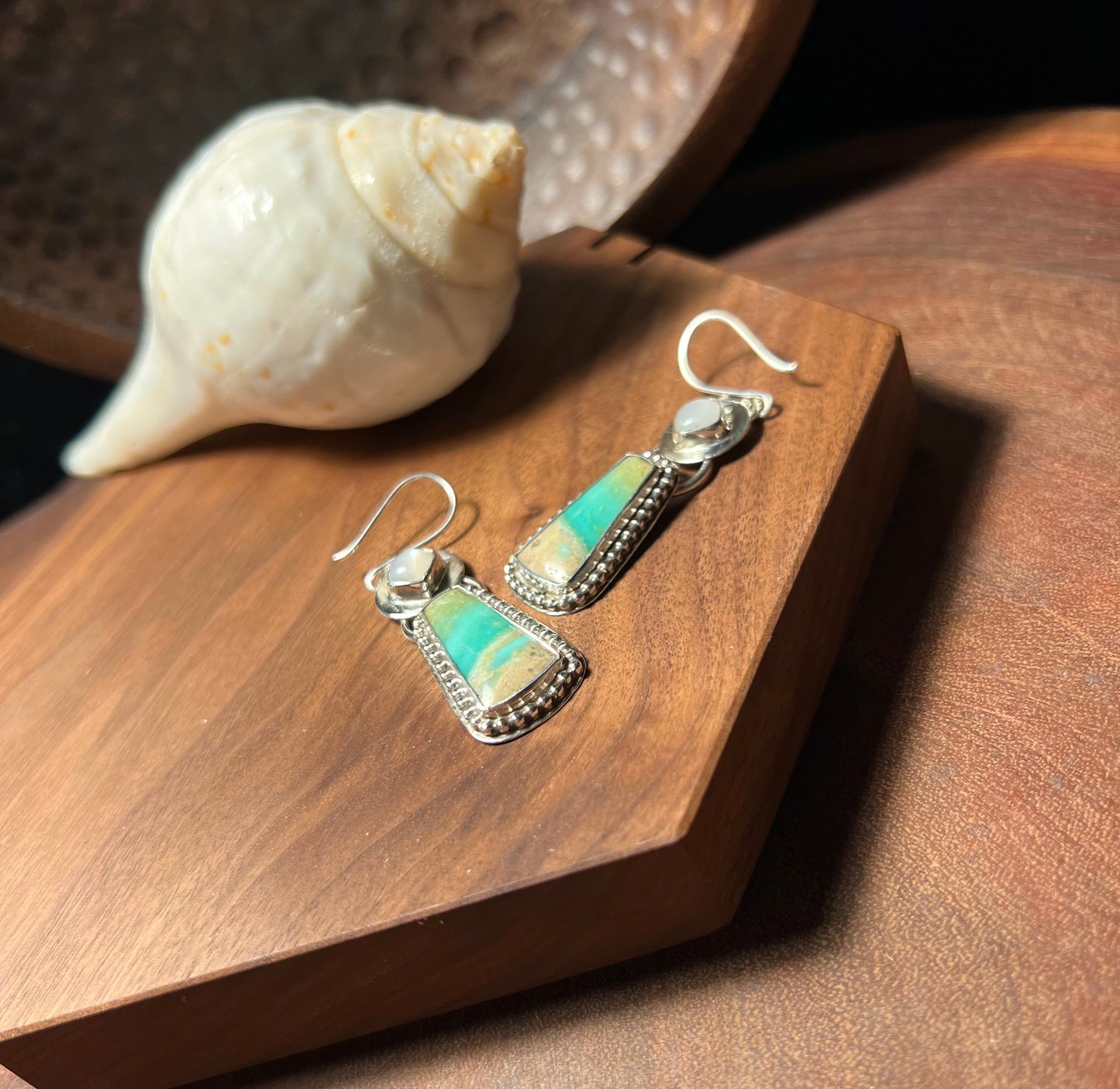 Opalized Wood and White Moonstone Sterling Silver Earrings