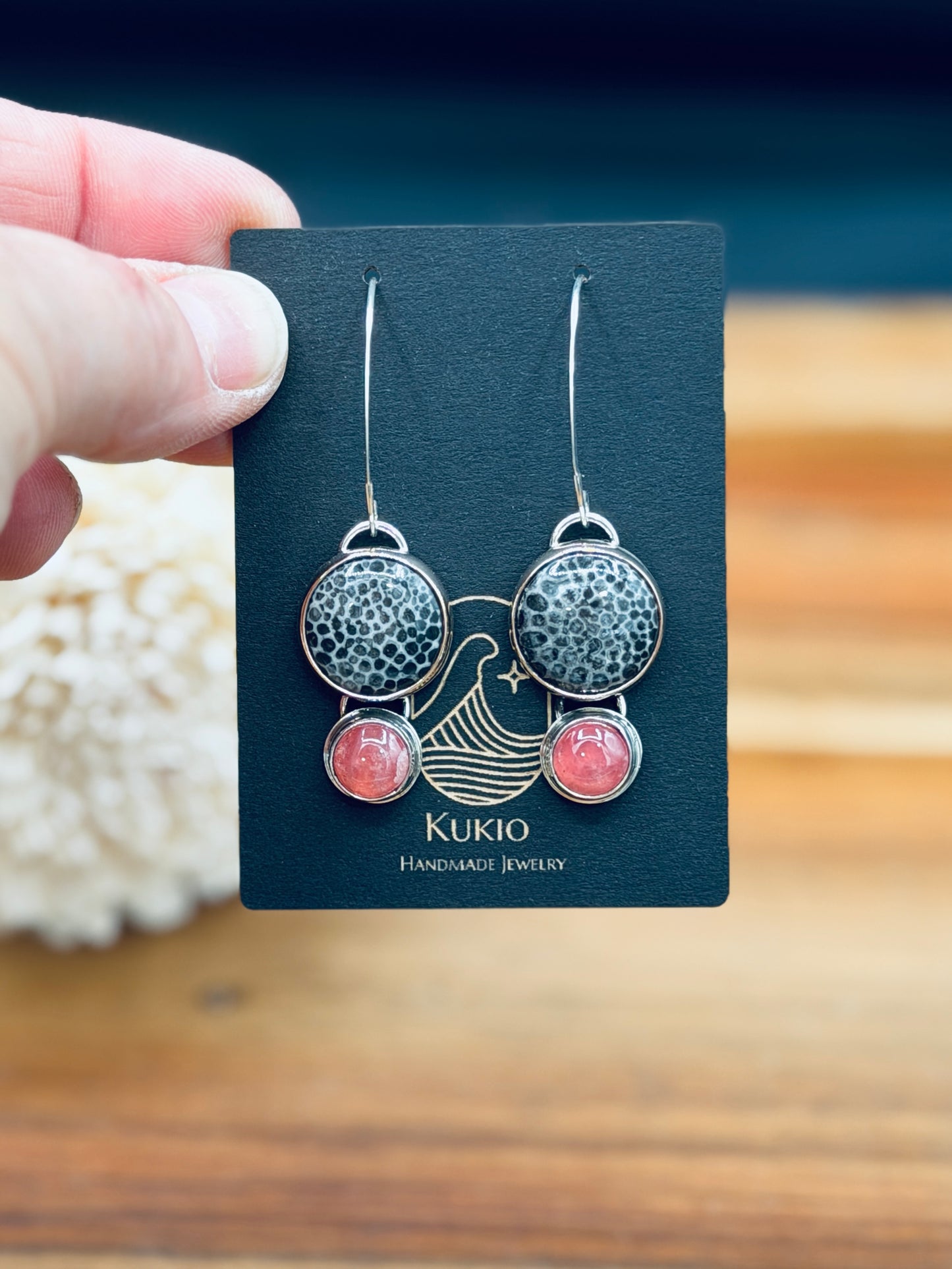 Black Horn Fossilized Coral with Rhodochrosite