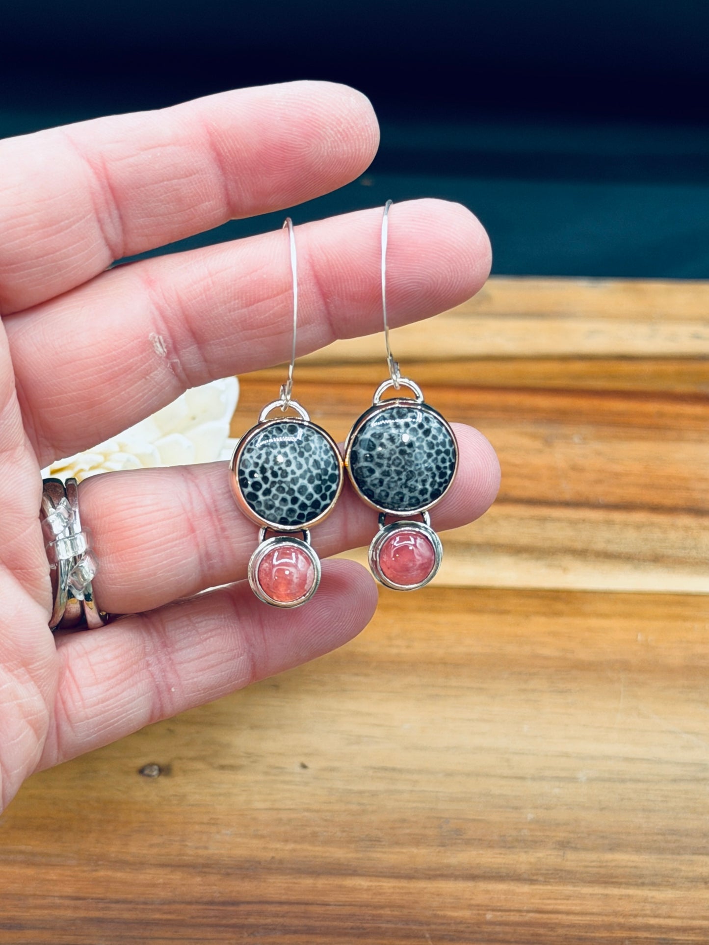 Black Horn Fossilized Coral with Rhodochrosite