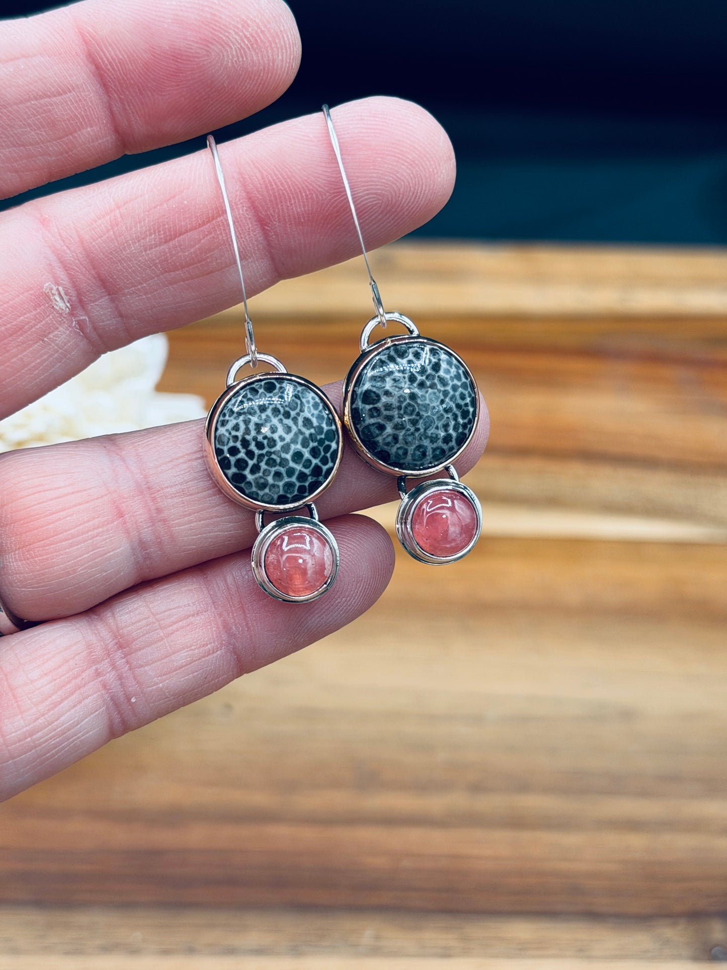 Black Horn Fossilized Coral with Rhodochrosite