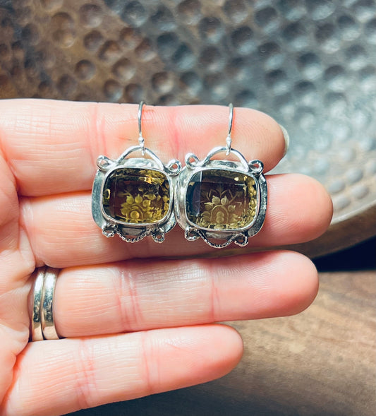 Sterling Silver Etched Pattern Citrine Earrings