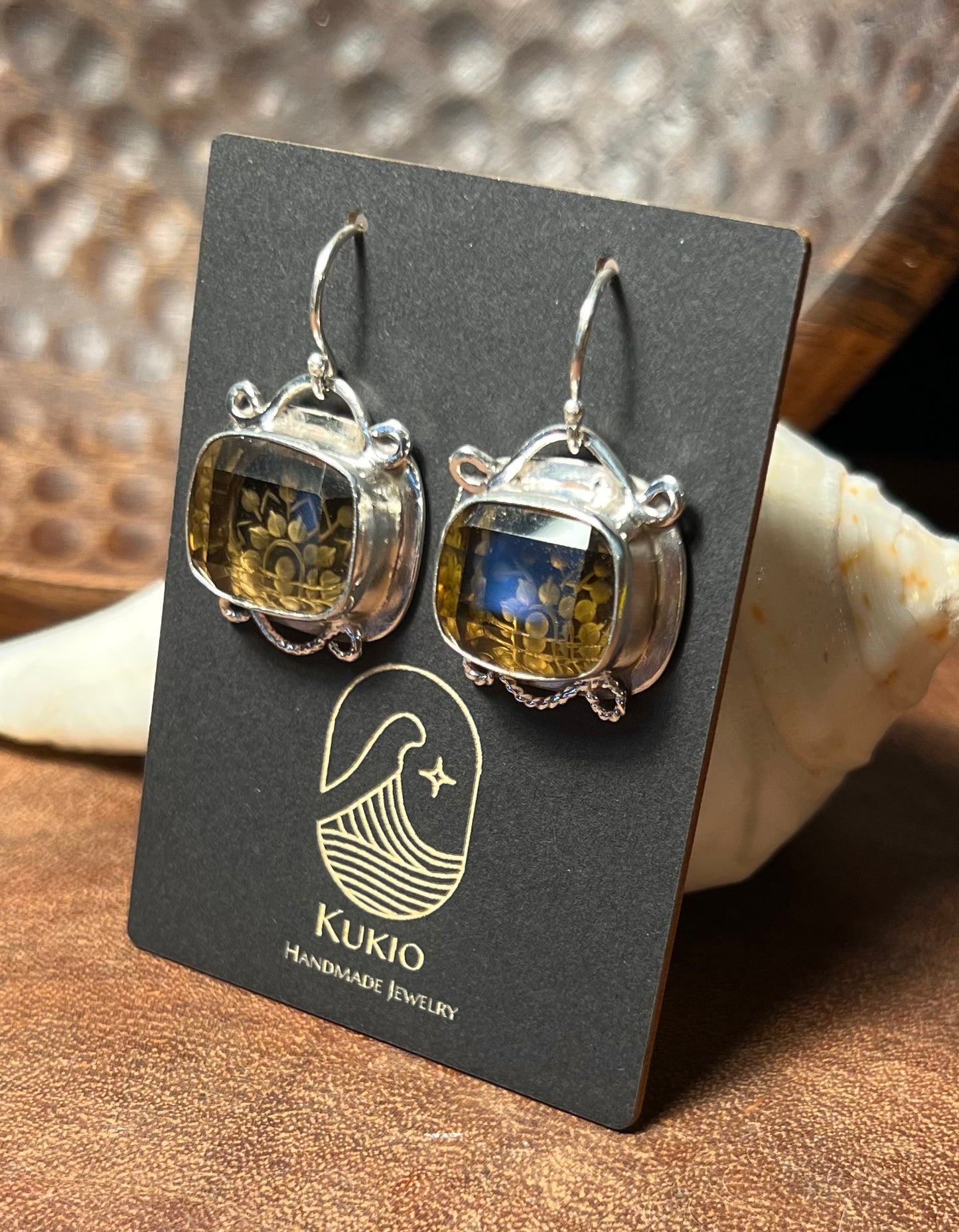 Sterling Silver Etched Pattern Citrine Earrings