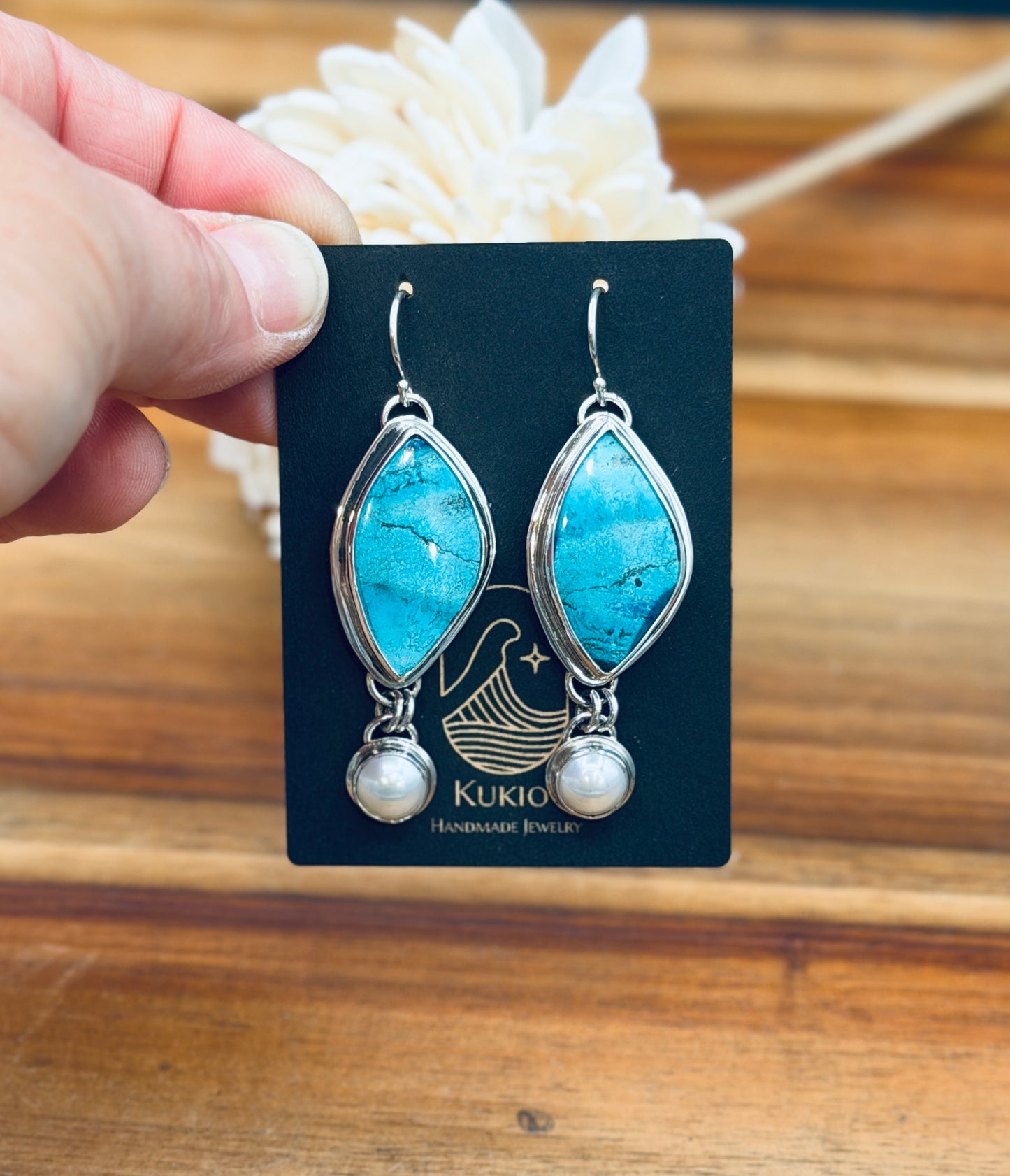 Sterling Silver Shattuckite and Fresh Water Pearl Earrings