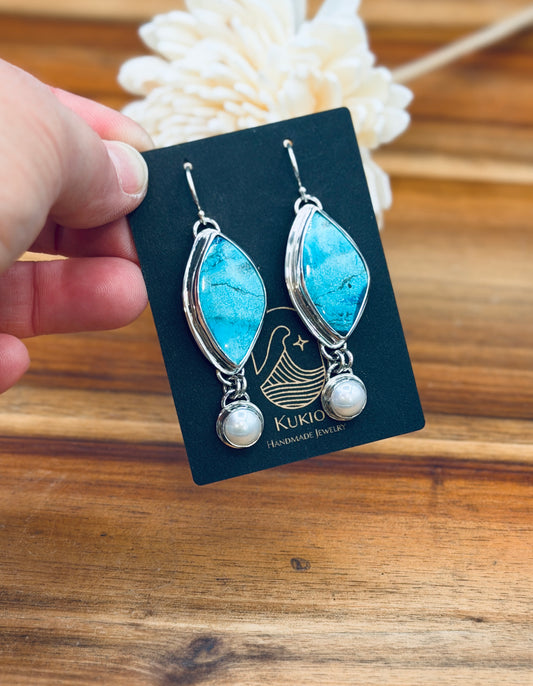 Sterling Silver Shattuckite and Fresh Water Pearl Earrings