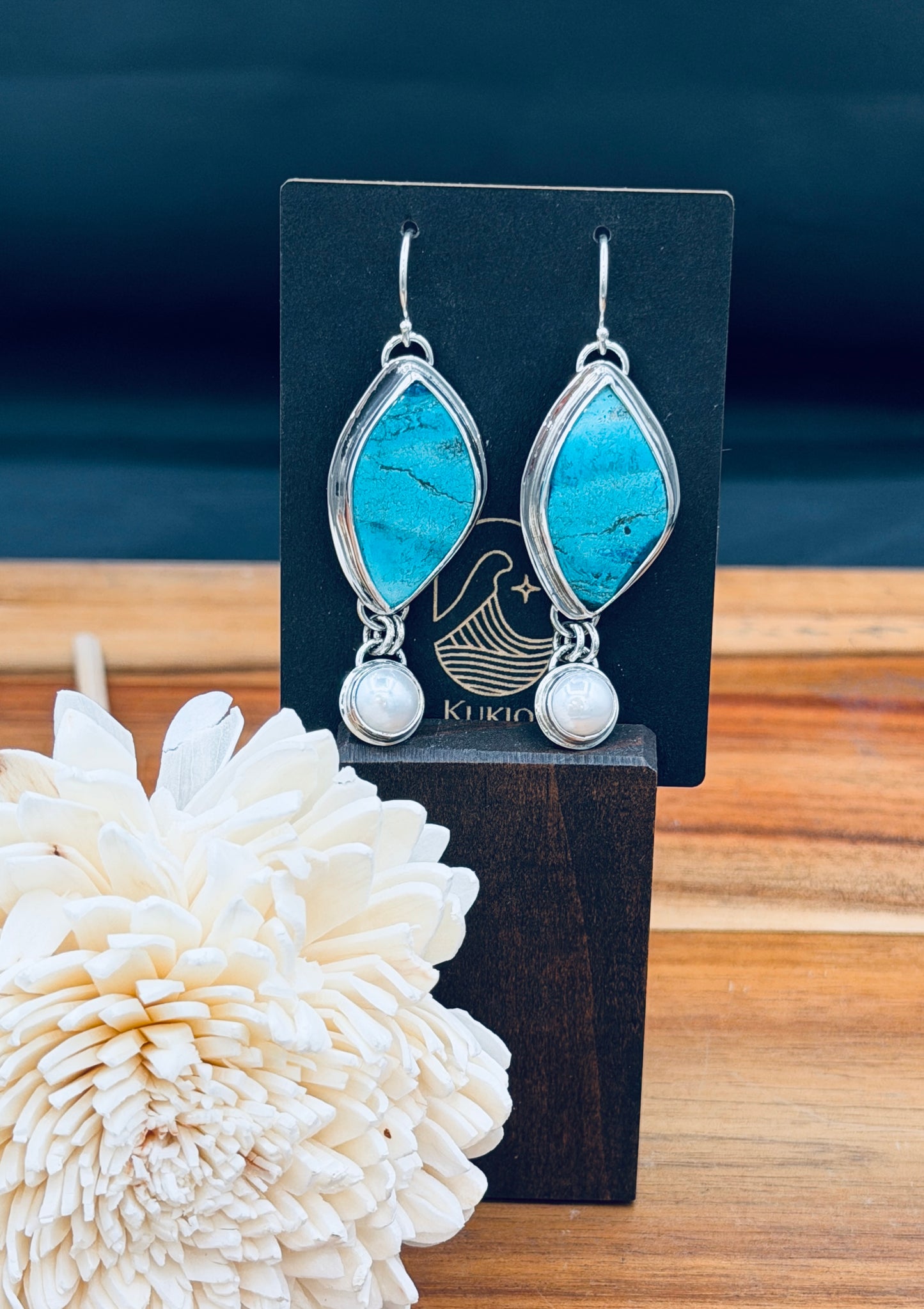 Sterling Silver Shattuckite and Fresh Water Pearl Earrings