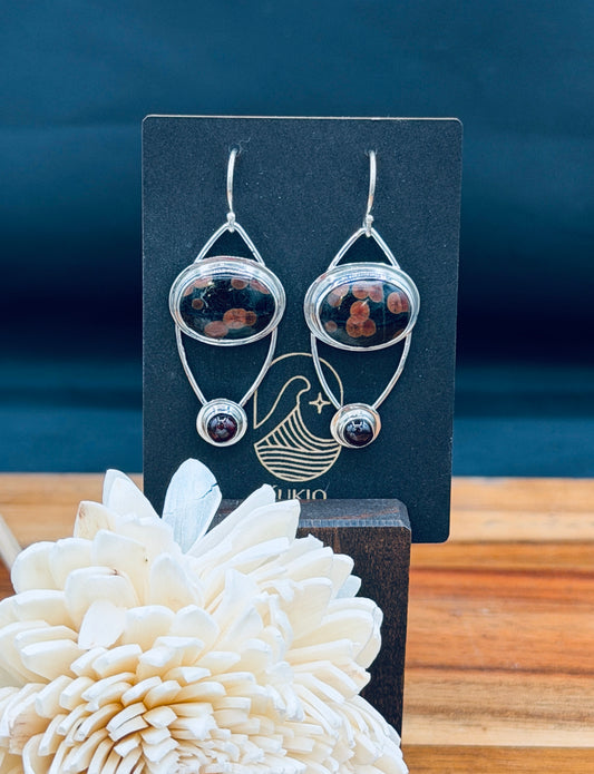 Sterling Silver Peanut Obsidian and Garnet Earrings