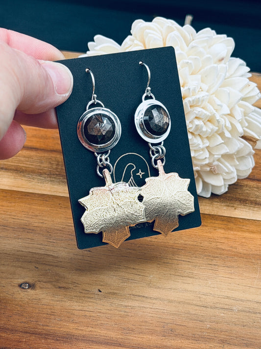 Sterling Silver Brown Sapphire and Brass Patterned Leaf Earrings