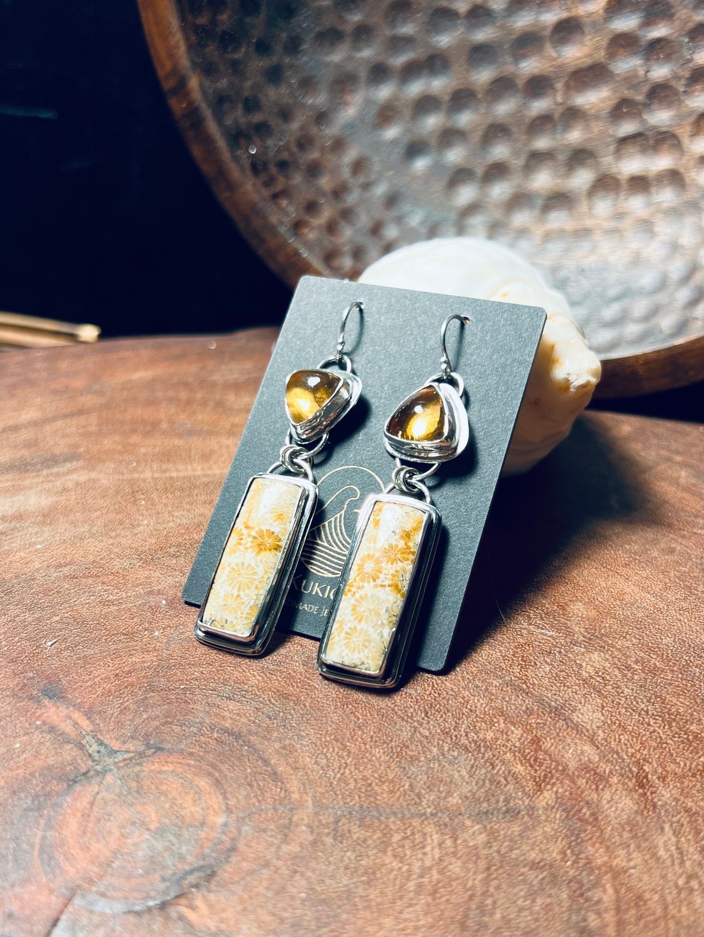 Fossilized Coral and Citrine Sterling Silver Earrings