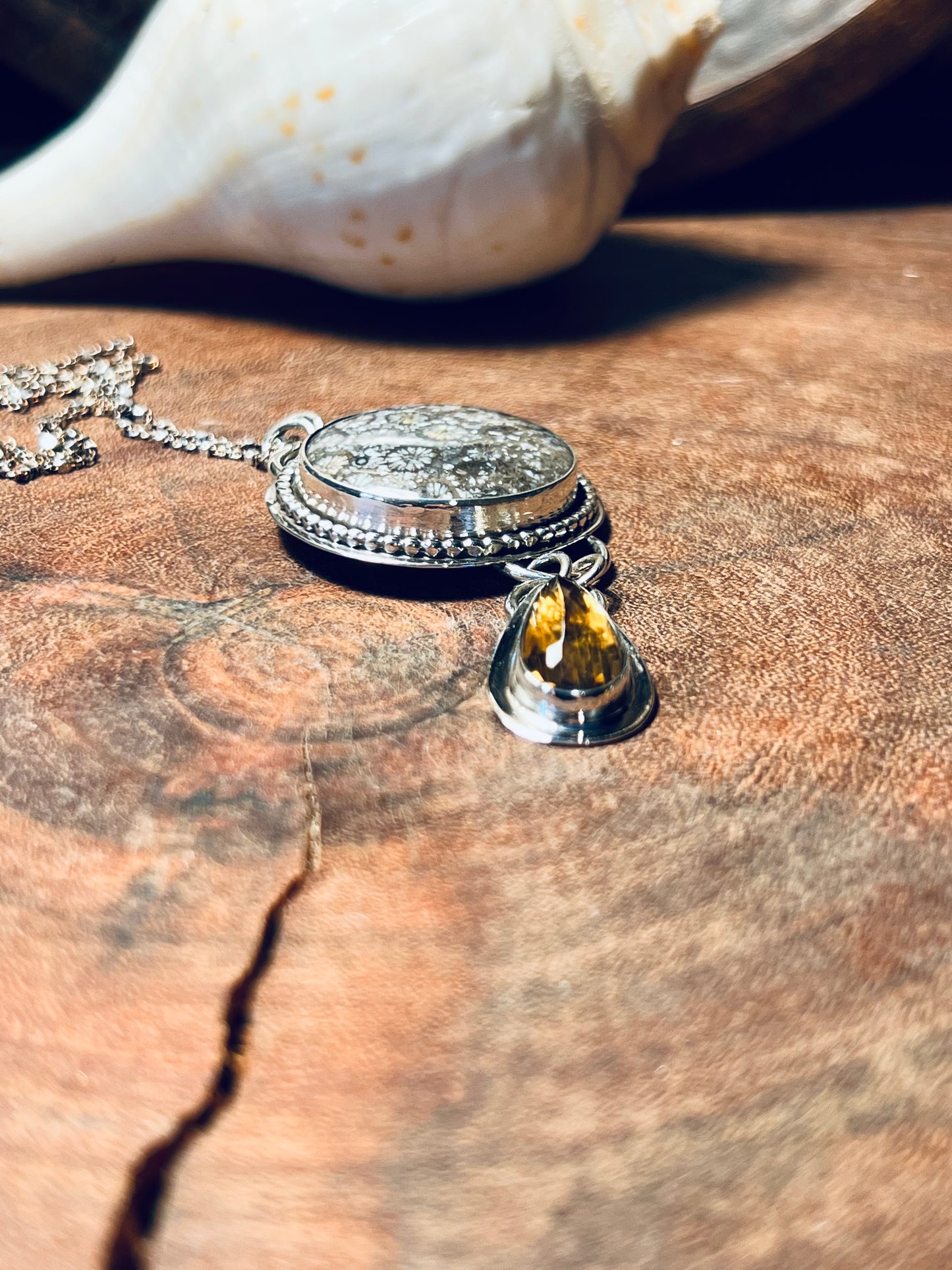Gray Fossilized Coral with Rose Cut Citrine Sterling Silver Pendant