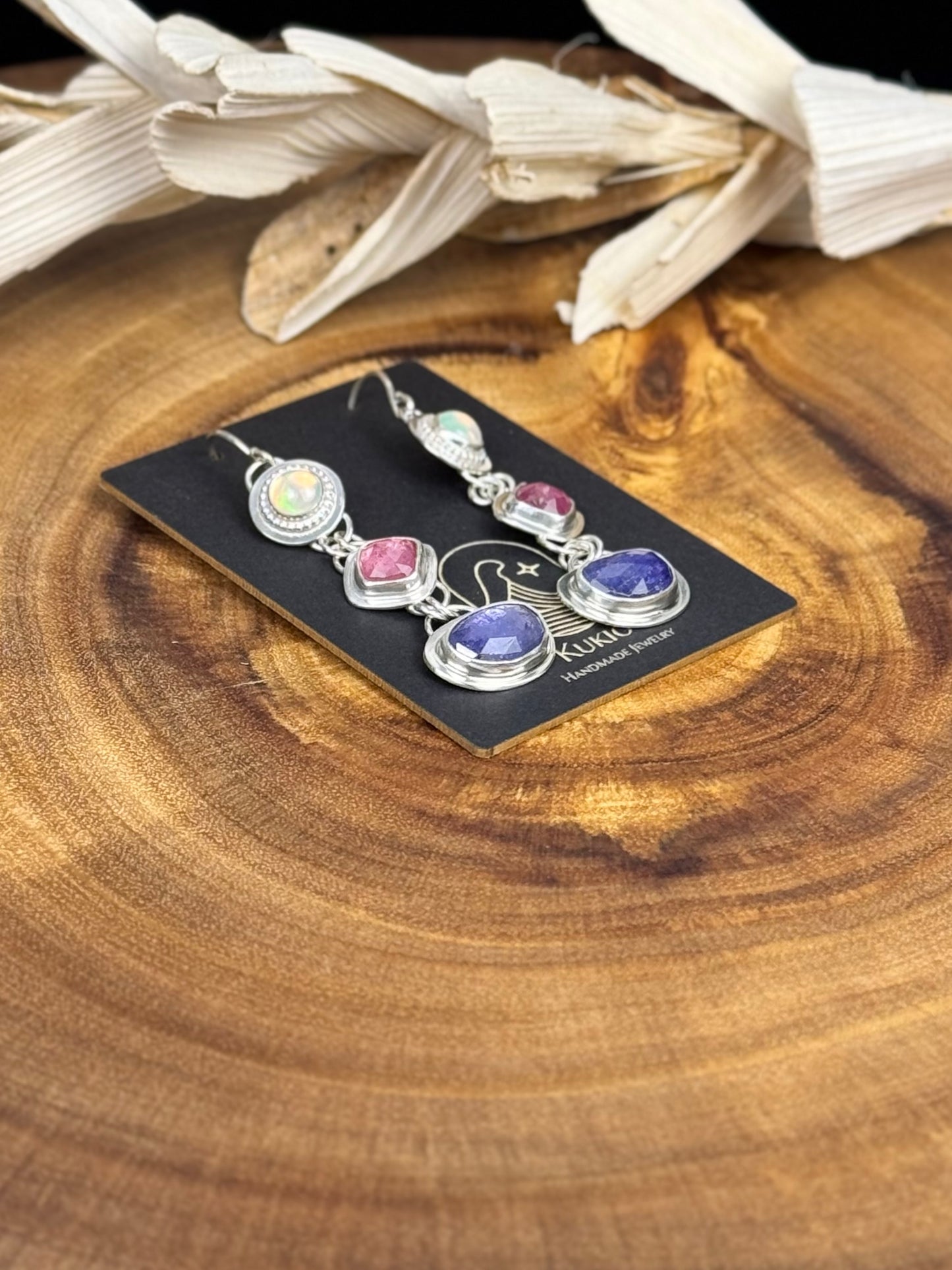 Sterling Silver Tanzanite, Pink Sapphire and Opal Earrings