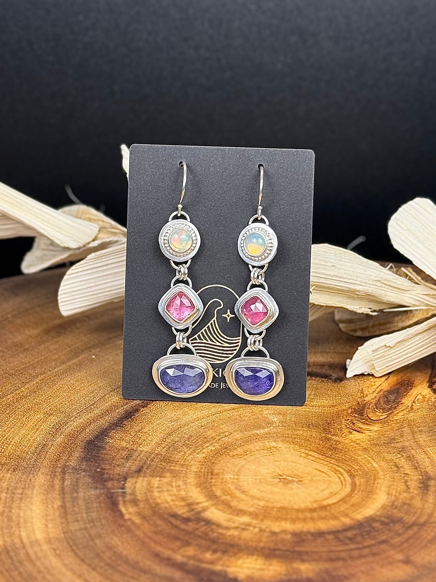 Sterling Silver Tanzanite, Pink Sapphire and Opal Earrings