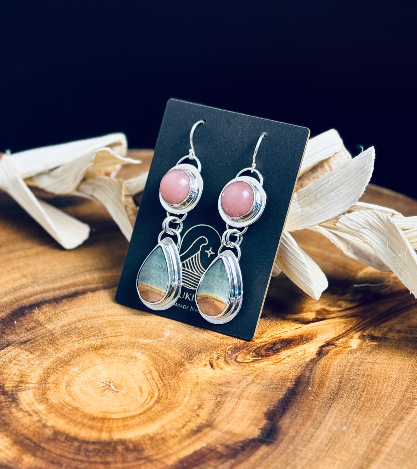 Polychrome Jasper and Guava Quartz Sterling Silver Earrings