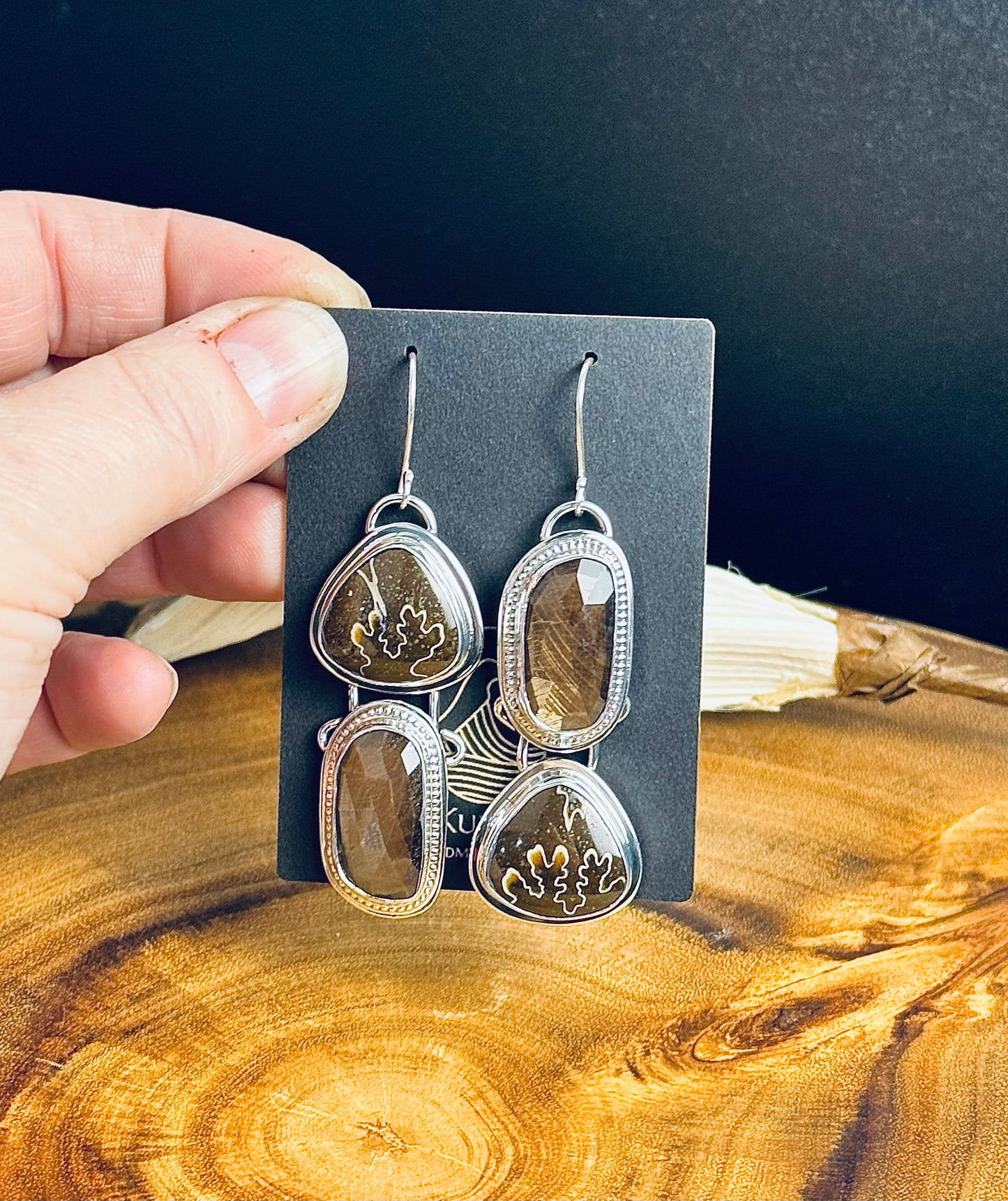 Sterling Silver Ammonite and Gold Sheen Sapphire Earrings