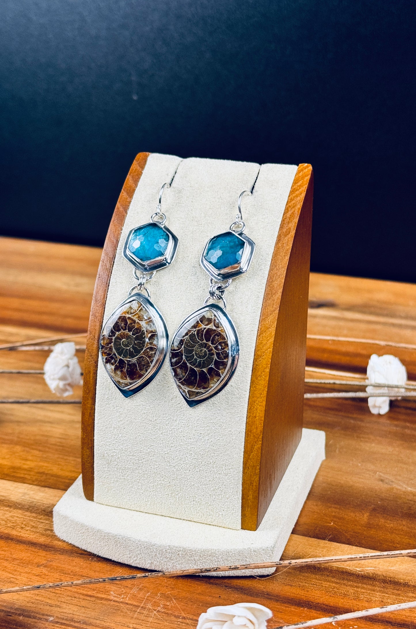 Sterling Silver Ammonite and Checkboard Cut Apatite Doublet Earrings