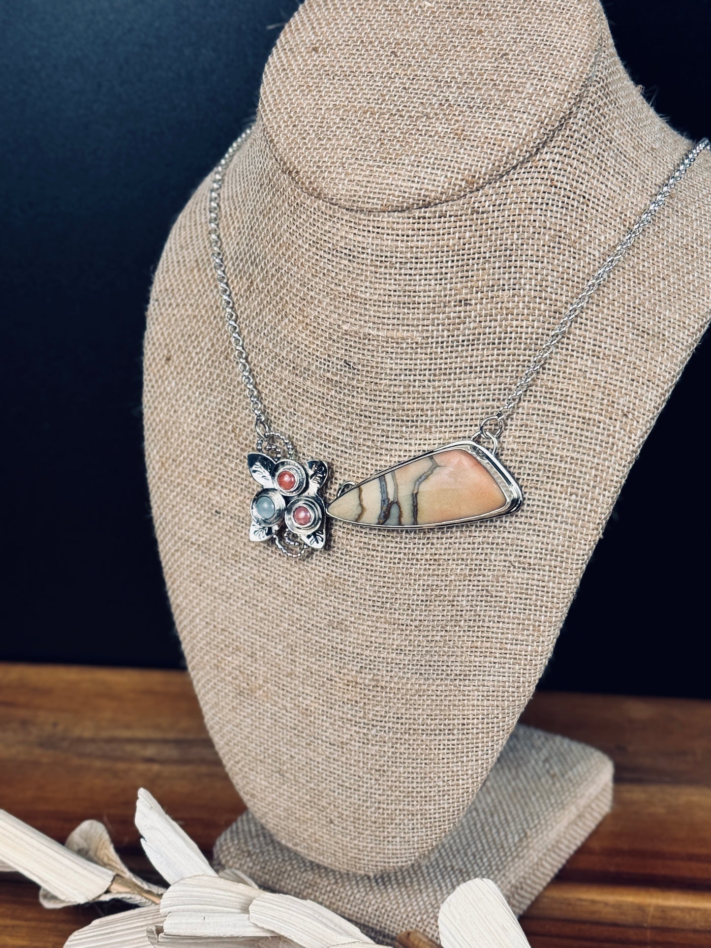 Oregon Sunset Jasper with Rhodochrosite and Aquamarine Pendant