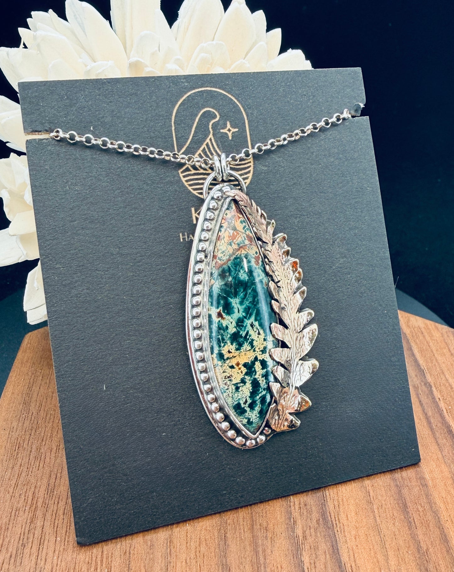 Sterling Silver Morning Dew Jasper with Brass Fern Leaf